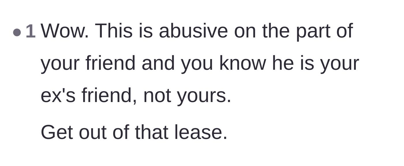 Comment thread 6 - A commenter calling out the roommate's abusive behavior and urging the main character to break the lease.