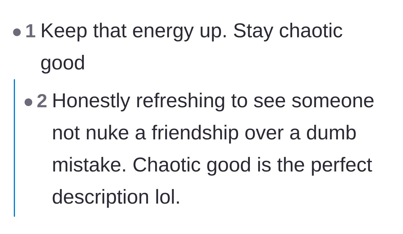 Comment thread 1 - Praising the author for not ending a friendship over a silly mistake