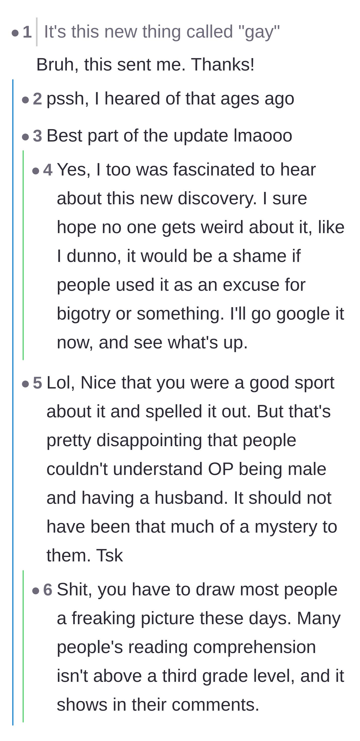 Comment thread 2 - Laughing at the author's sarcastic explanation of being a gay man to confused readers