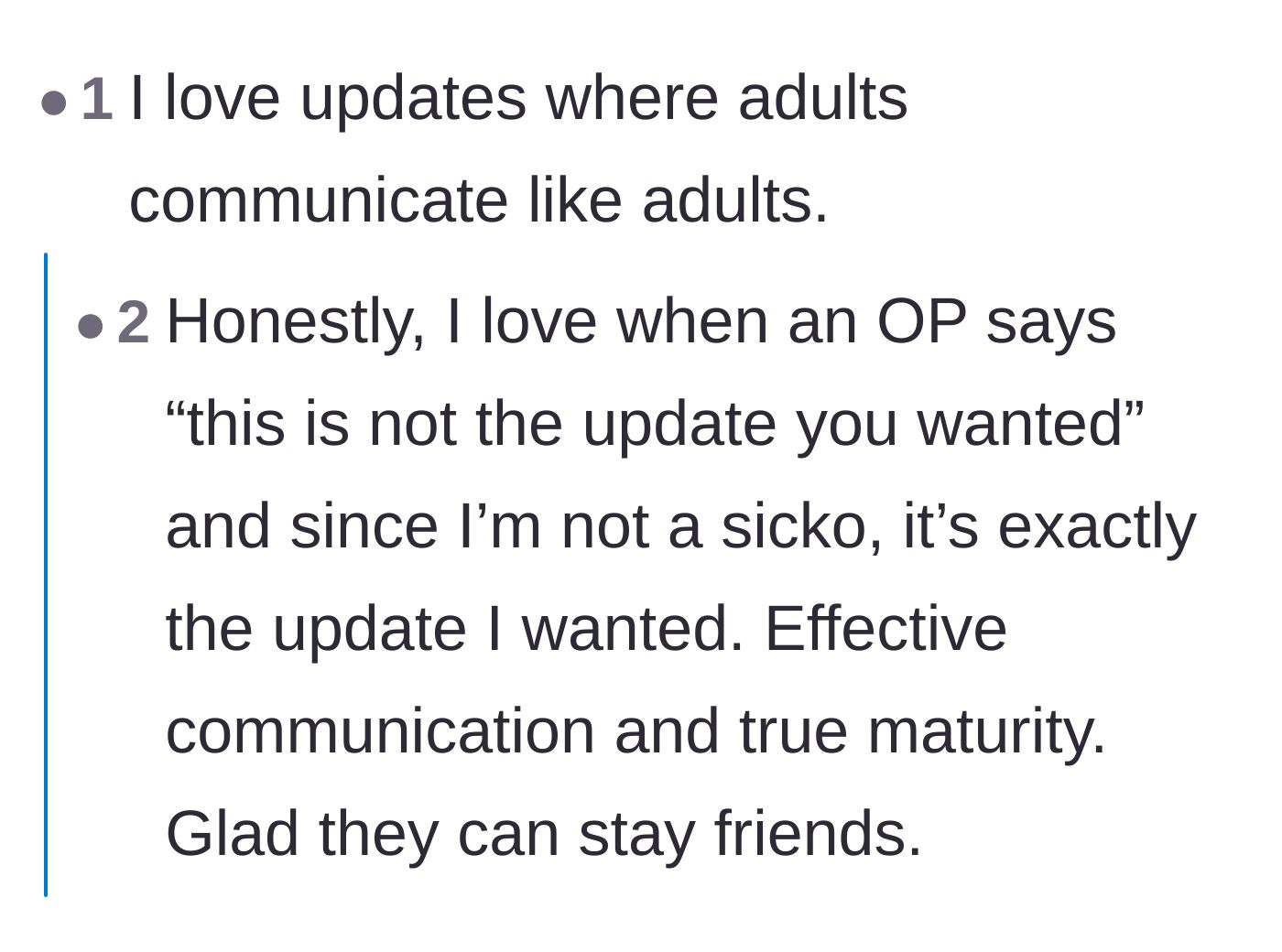 Comment thread 3 - Celebrating the mature communication and drama-free resolution
