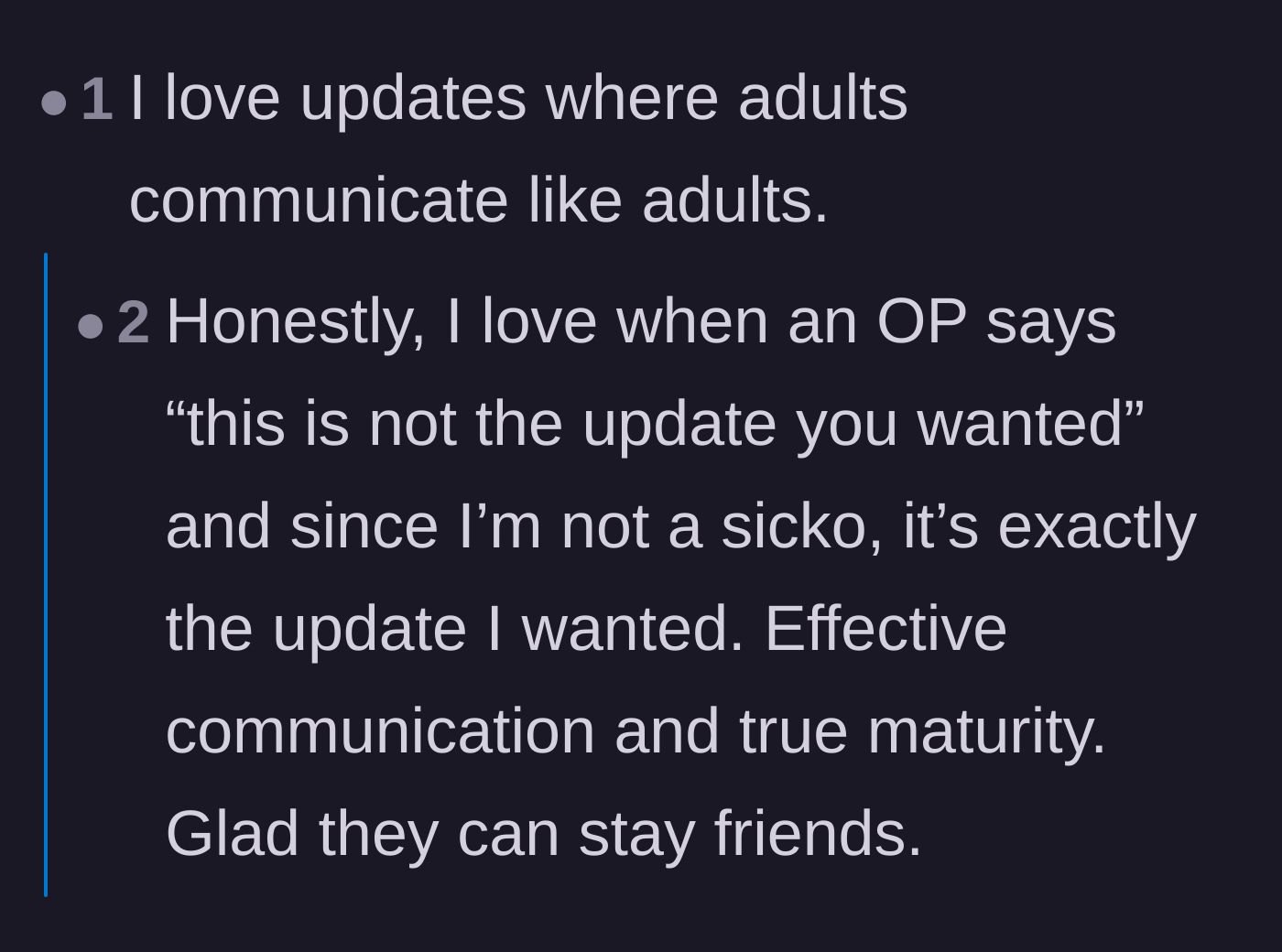 Comment thread 3 - Celebrating the mature communication and drama-free resolution