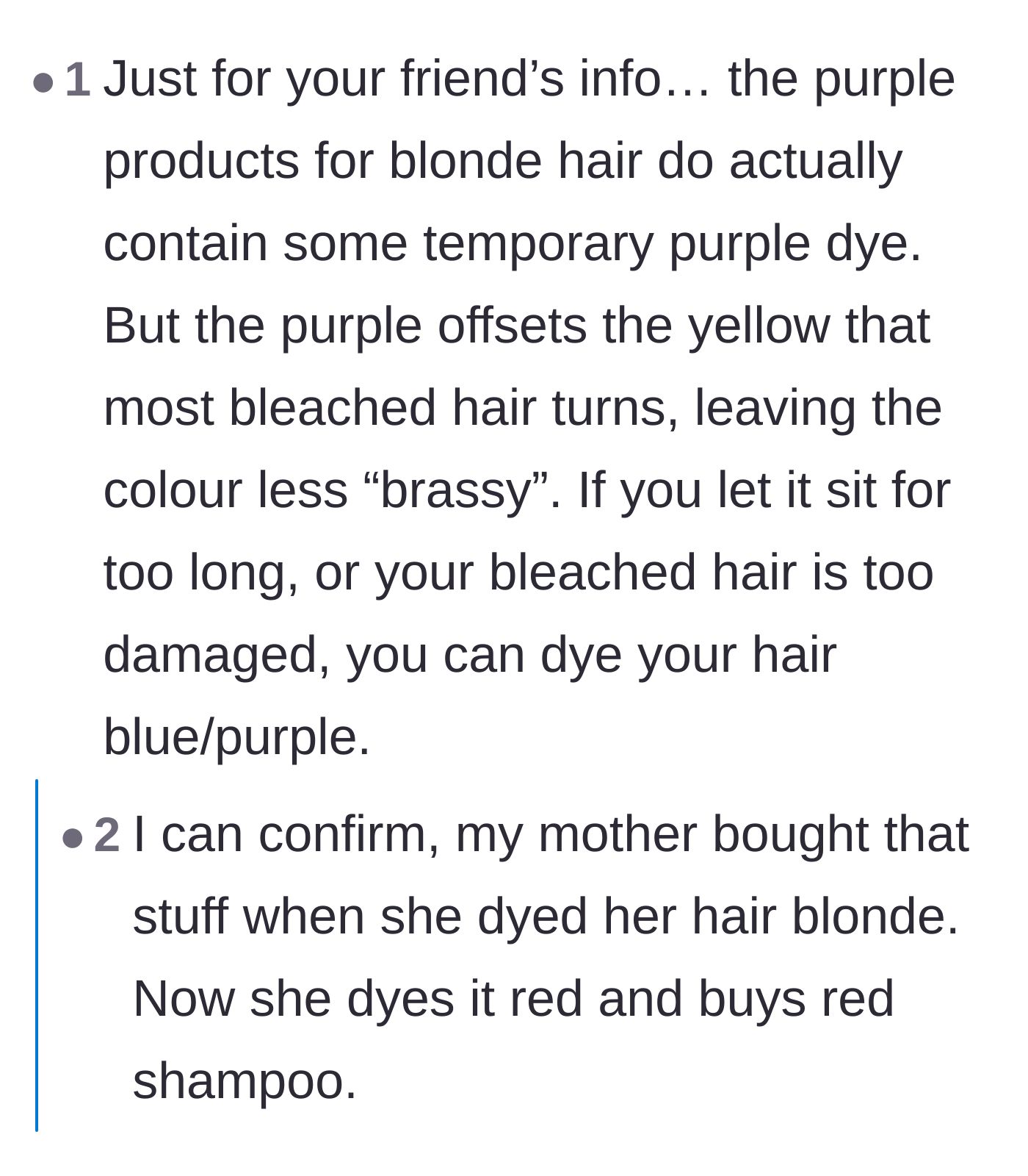 Comment thread 4 - Explaining the actual color theory behind purple shampoo and temporary dye