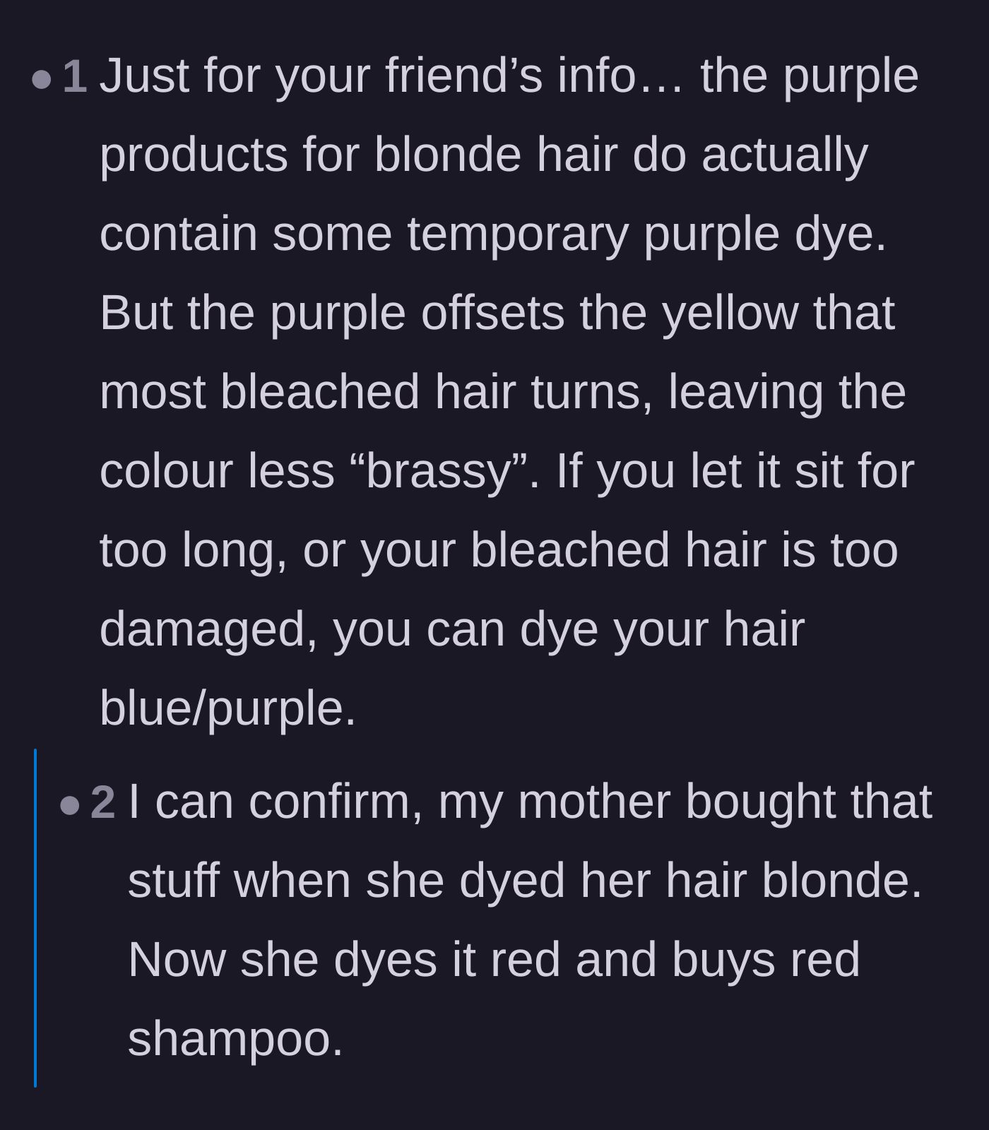 Comment thread 4 - Explaining the actual color theory behind purple shampoo and temporary dye