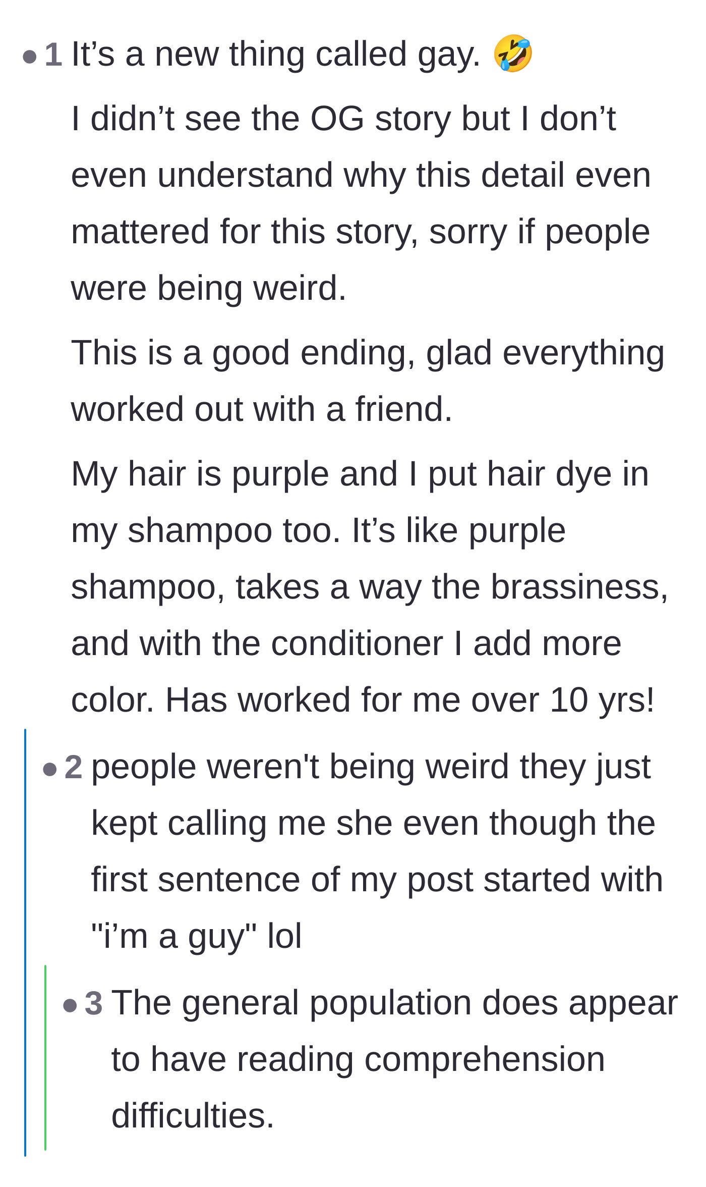 Comment thread 5 - Discussing the confusion over the author's gender and sharing personal hair dye hacks