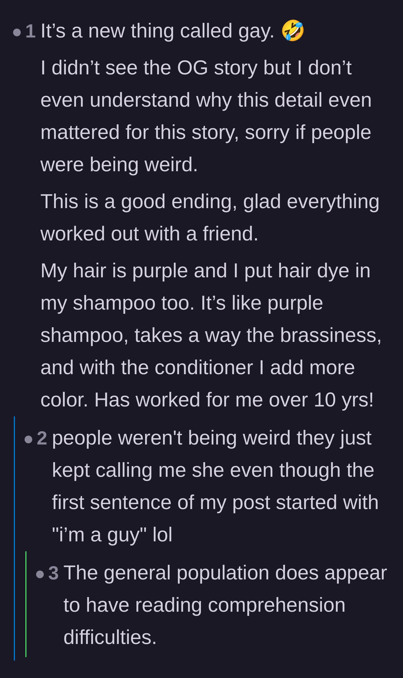 Comment thread 5 - Discussing the confusion over the author's gender and sharing personal hair dye hacks