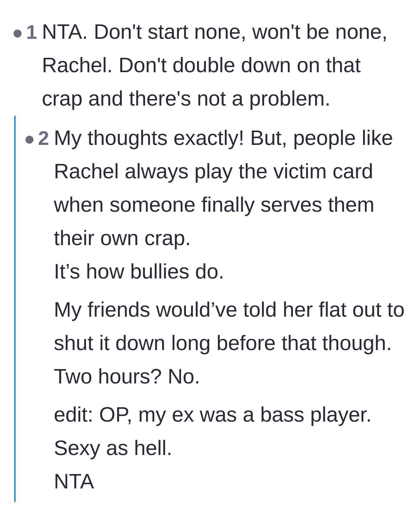 Comment thread 1 - Readers pointing out the classic bully-victim cycle and praising bassists.