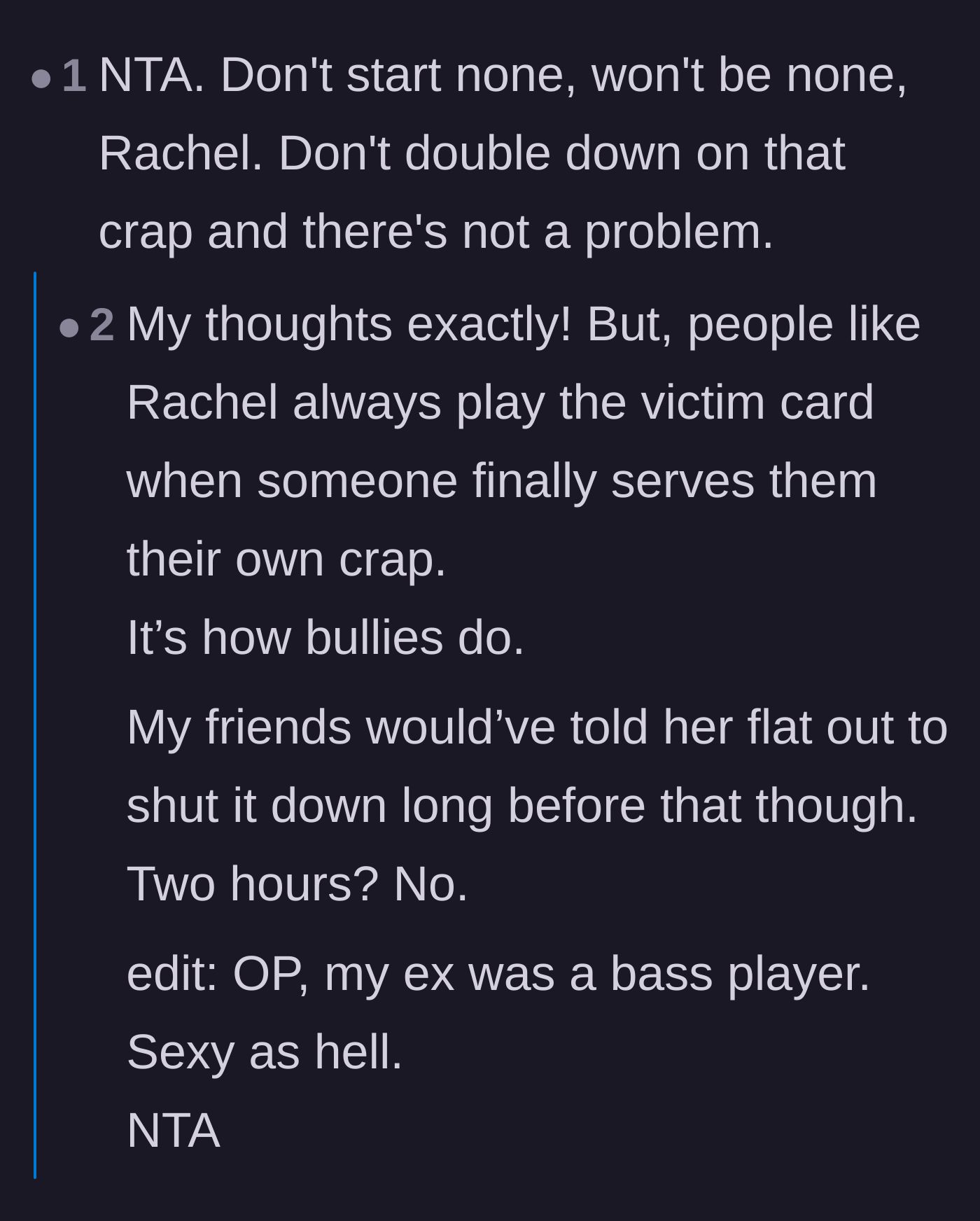 Comment thread 1 - Readers pointing out the classic bully-victim cycle and praising bassists.