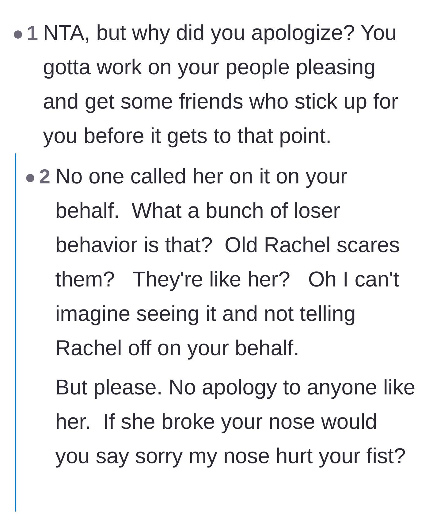 Comment thread 2 - Debate on why the main character apologized and the frustrating lack of supportive friends.