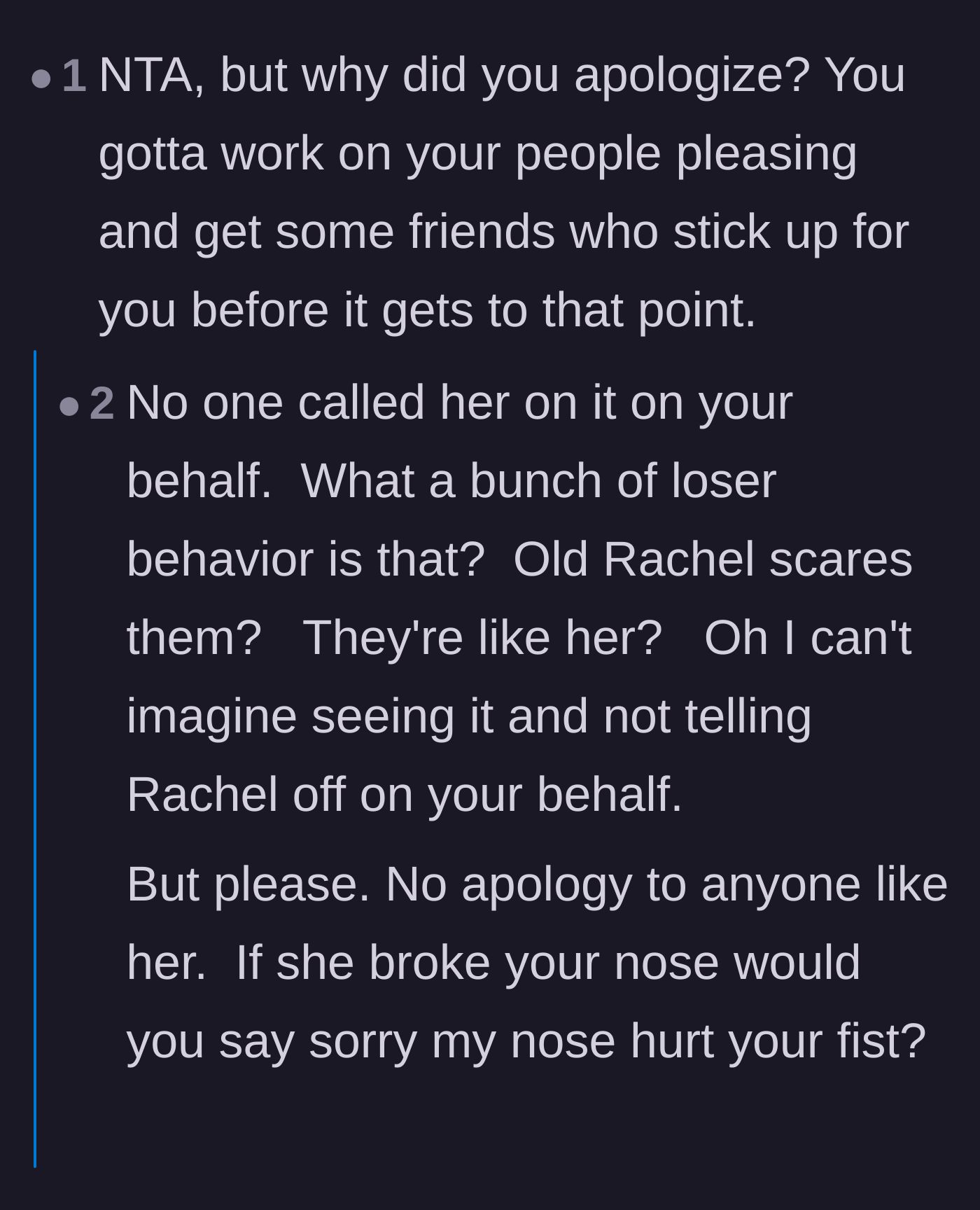 Comment thread 2 - Debate on why the main character apologized and the frustrating lack of supportive friends.