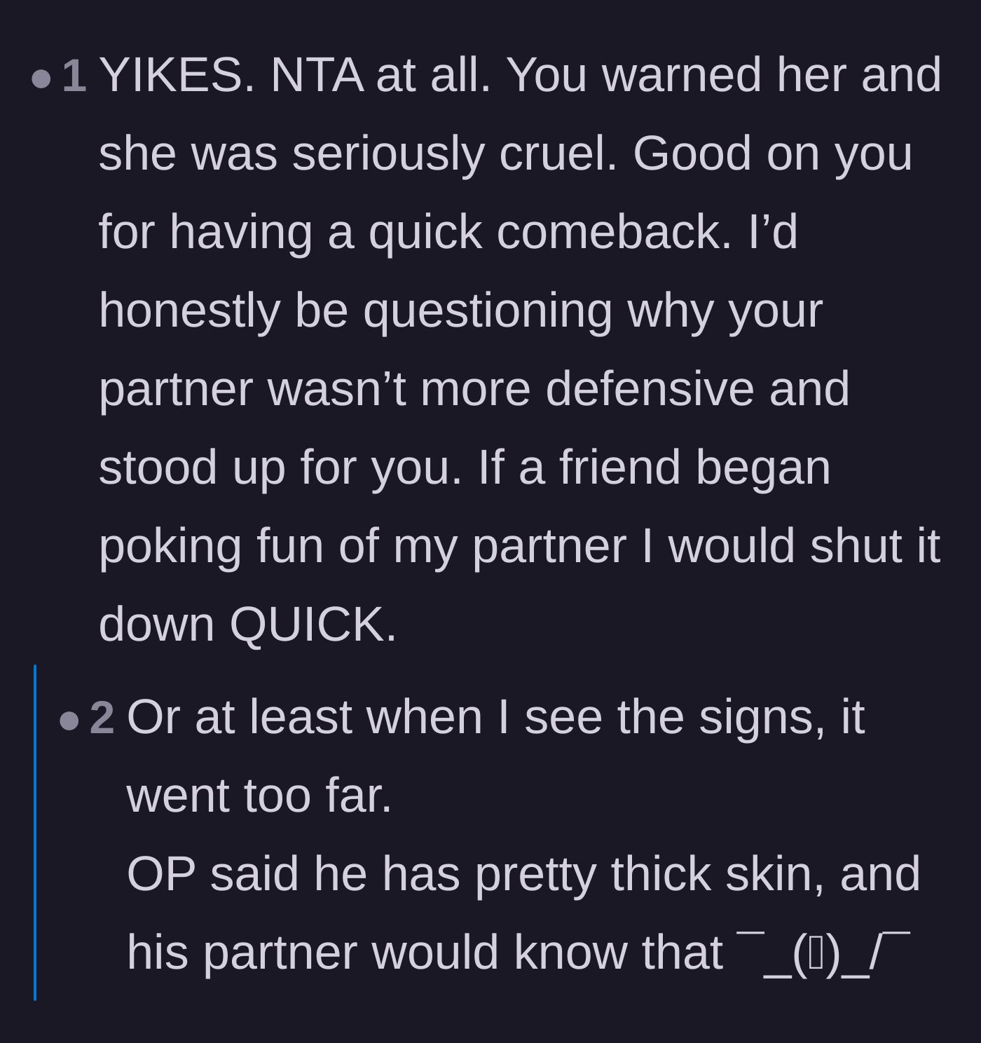 Comment thread 4 - Calling out the main character's partner for sitting by quietly and not defending him.