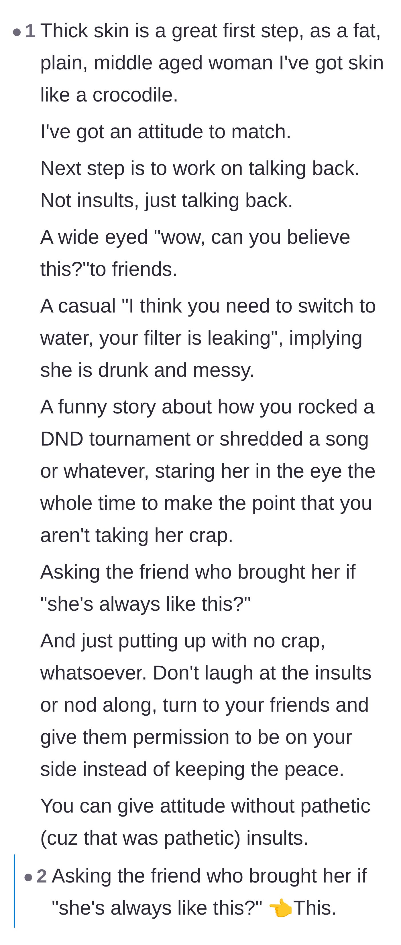 Comment thread 6 - Strategic advice on delivering classy, sharp comebacks without restoring to bizarre insults.