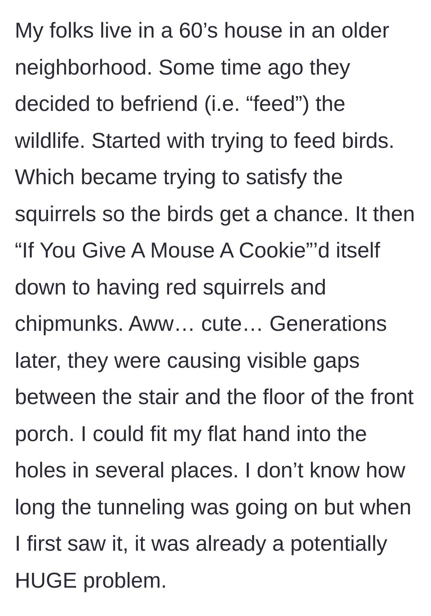 Story part 1 - A person inspecting massive structural gaps caused by burrowing rodents under their parents' front porch.
