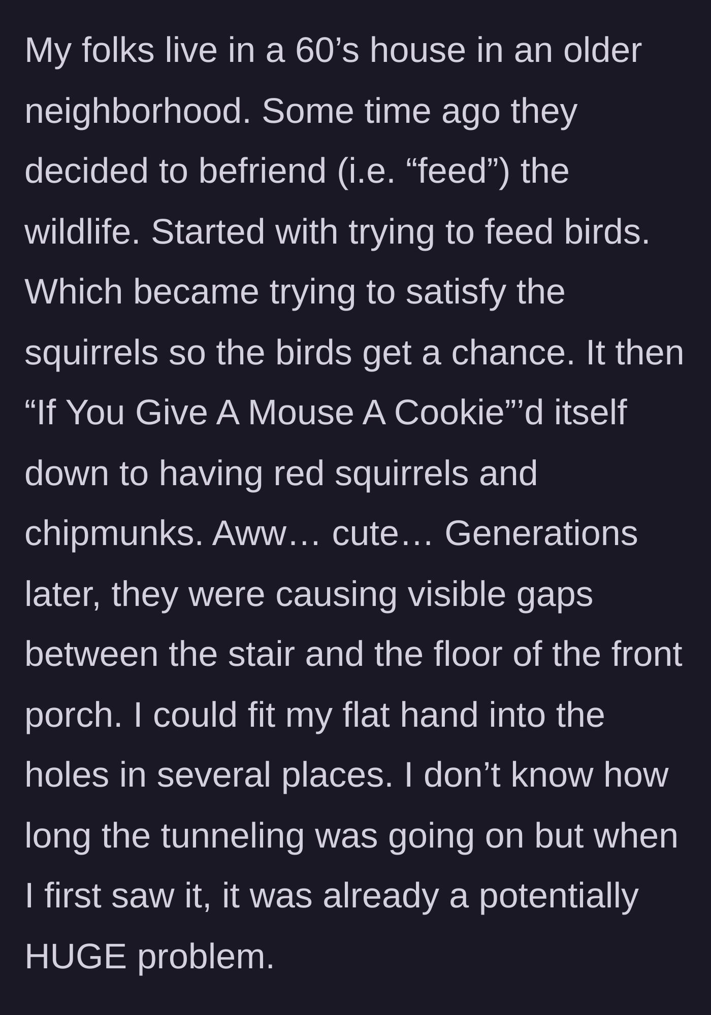 Story part 1 - A person inspecting massive structural gaps caused by burrowing rodents under their parents' front porch.