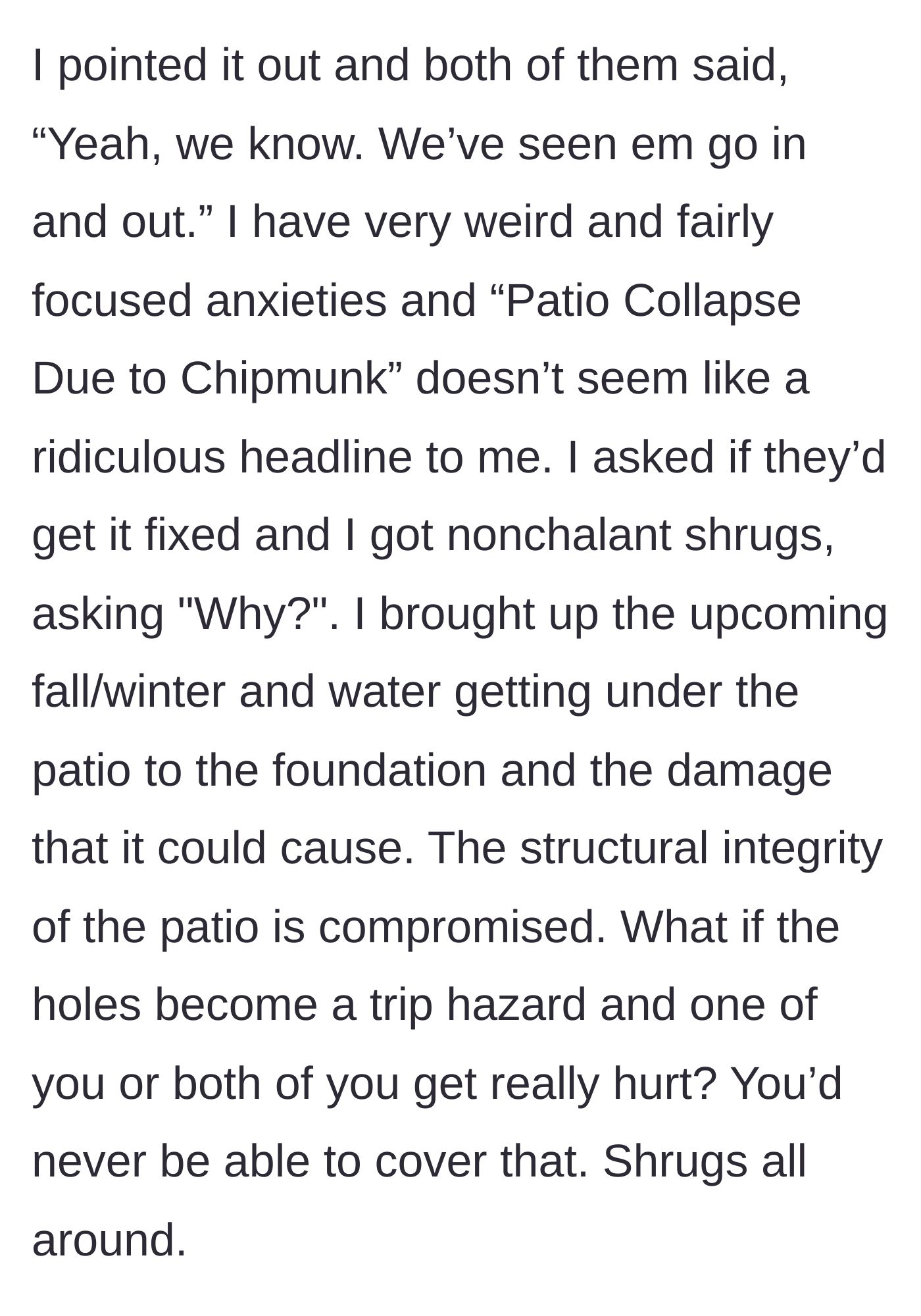 Story part 2 - Parents shrugging off structural warnings about porch collapse hazards.