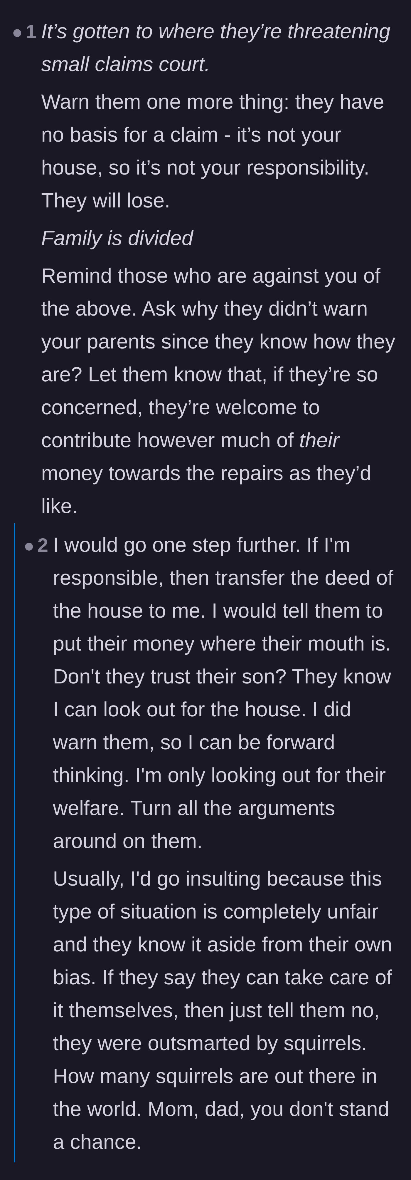 Comment thread 2 - Advice on telling divided family members to pay the bill themselves if they are so concerned.