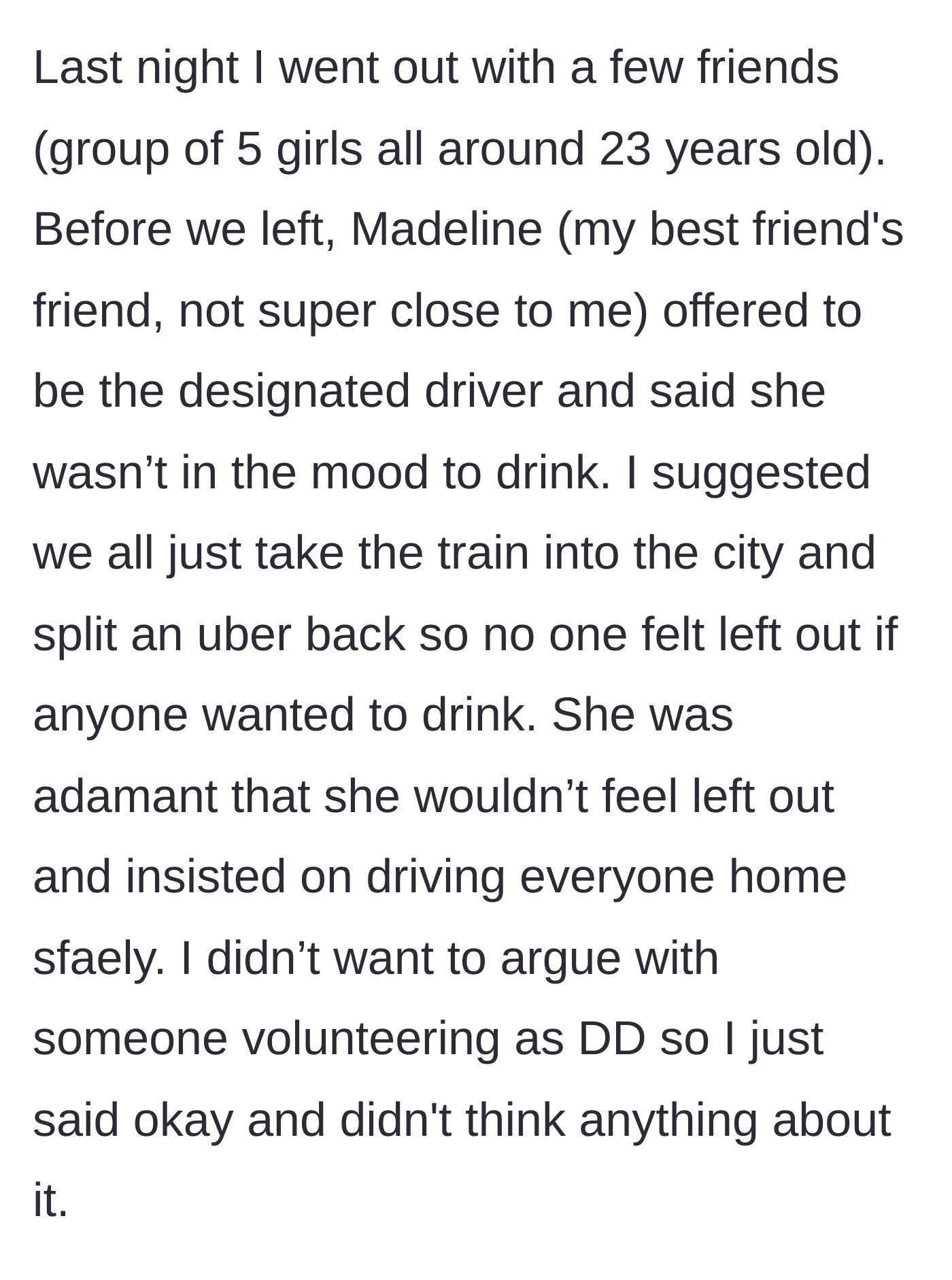 Story part 1 - A text exchange showing the friend group planning their night out, with Madeline forcefully insisting on being the designated driver despite alternatives.