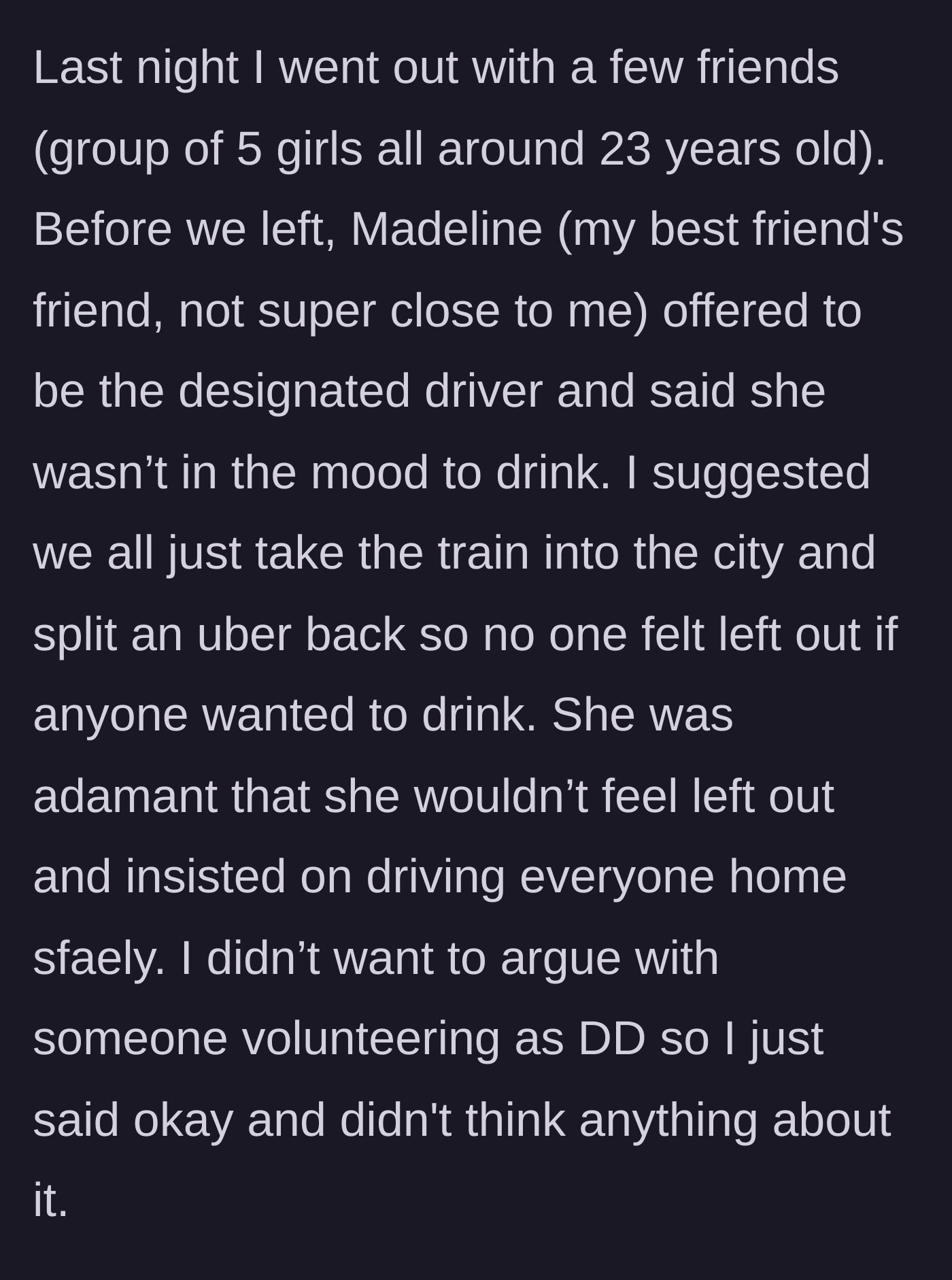 Story part 1 - A text exchange showing the friend group planning their night out, with Madeline forcefully insisting on being the designated driver despite alternatives.