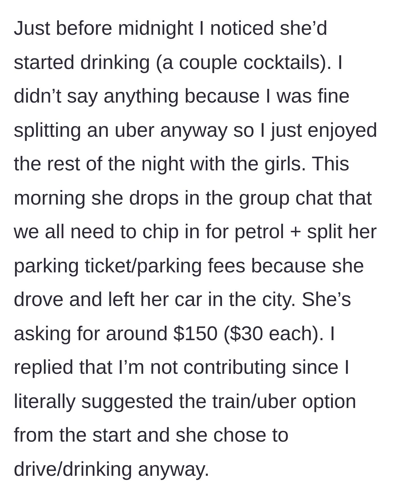Story part 2 - A group chat screenshot where Madeline demands $150 for petrol and a parking ticket after drinking on the job.