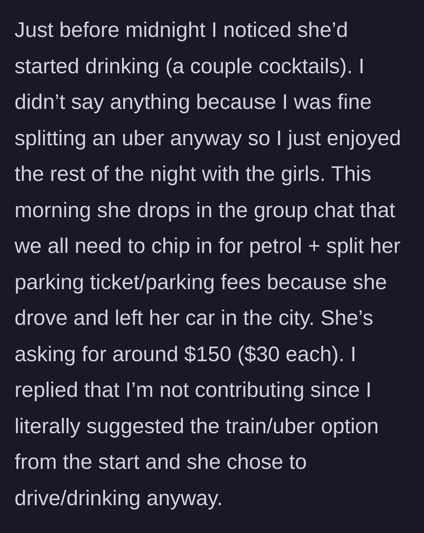 Story part 2 - A group chat screenshot where Madeline demands $150 for petrol and a parking ticket after drinking on the job.