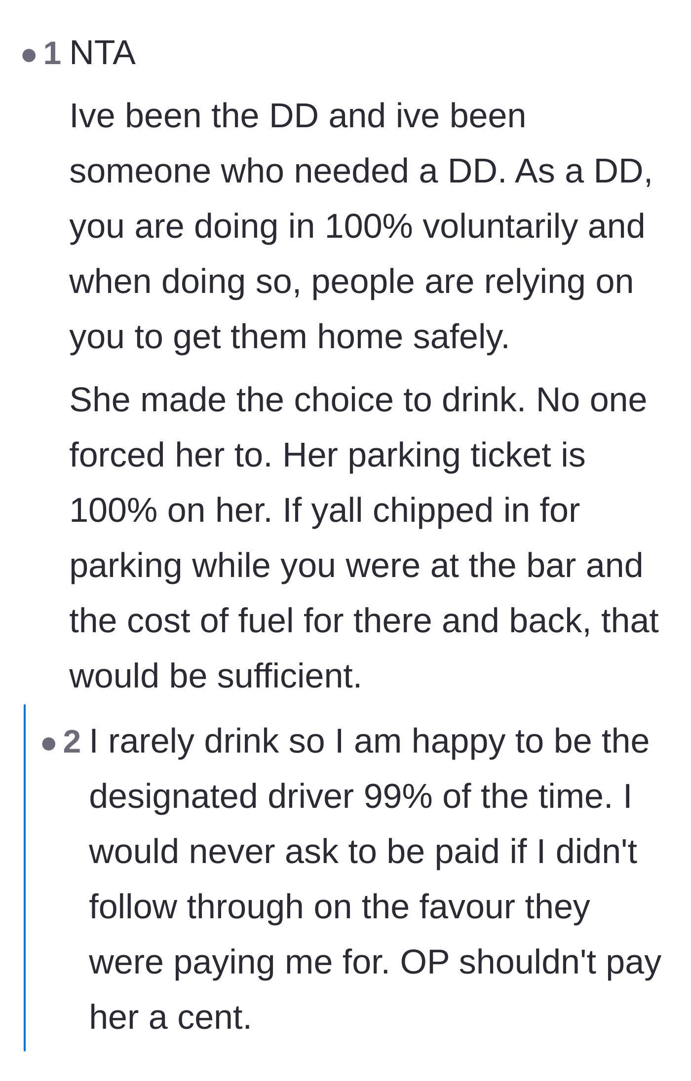 Comment thread 4 - Explaining the responsibility of being a designated driver and why the parking ticket is entirely her fault.
