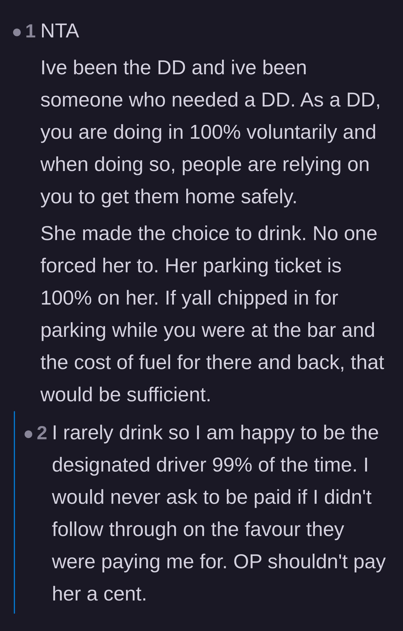 Comment thread 4 - Explaining the responsibility of being a designated driver and why the parking ticket is entirely her fault.
