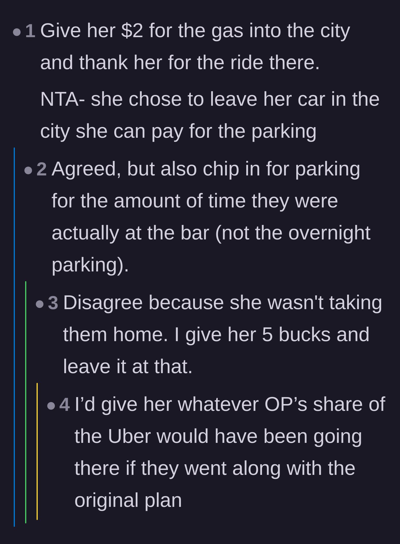 Comment thread 5 - A debate over exactly how many dollars, if any, the driver is owed for the gas to get to the bar.