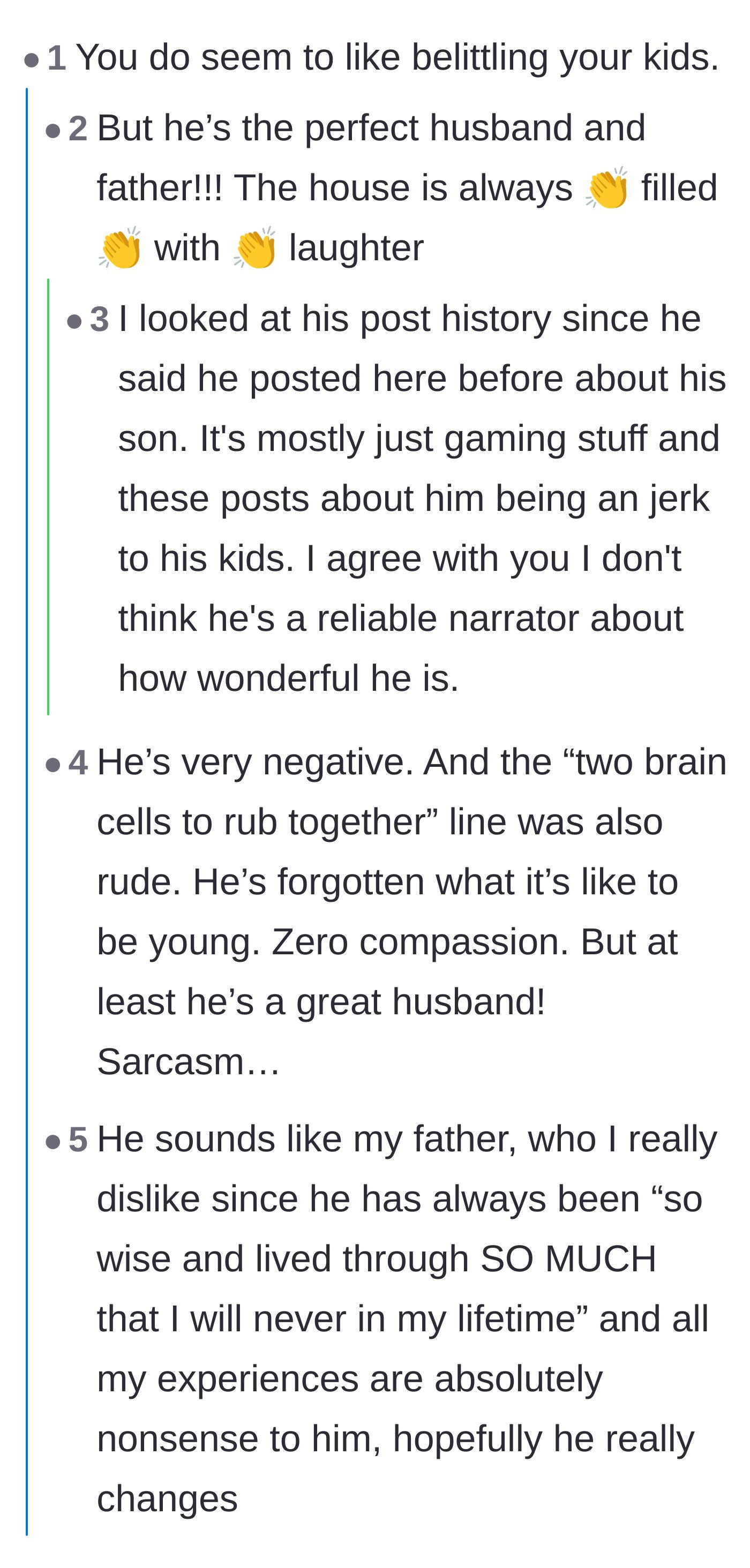 Comment thread 2 - Commenters sarcastically dragging the dad's claim of having a perfect home life and joking about Victorian-era dating standards.