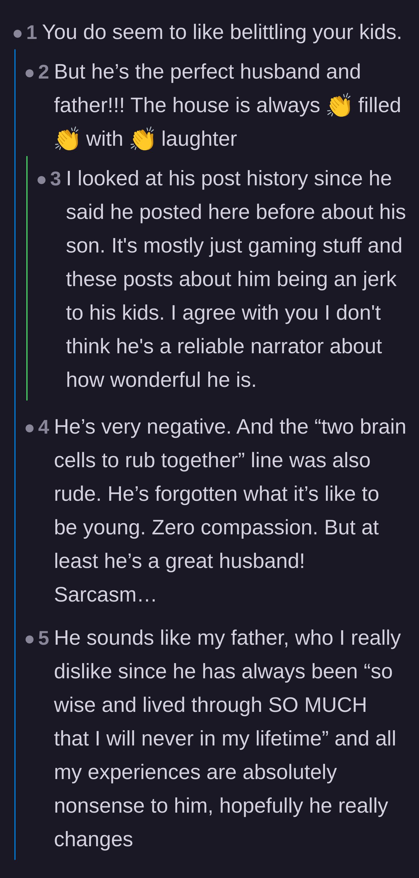 Comment thread 2 - Commenters sarcastically dragging the dad's claim of having a perfect home life and joking about Victorian-era dating standards.