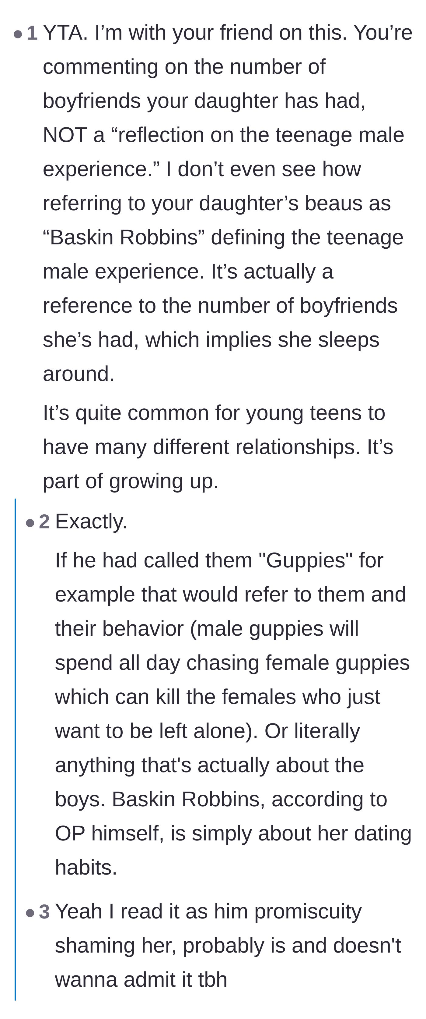 Comment thread 4 - A deep dive into the sexist double standards of the Baskin Robbins joke and how it mortifies both the daughter and her dates.