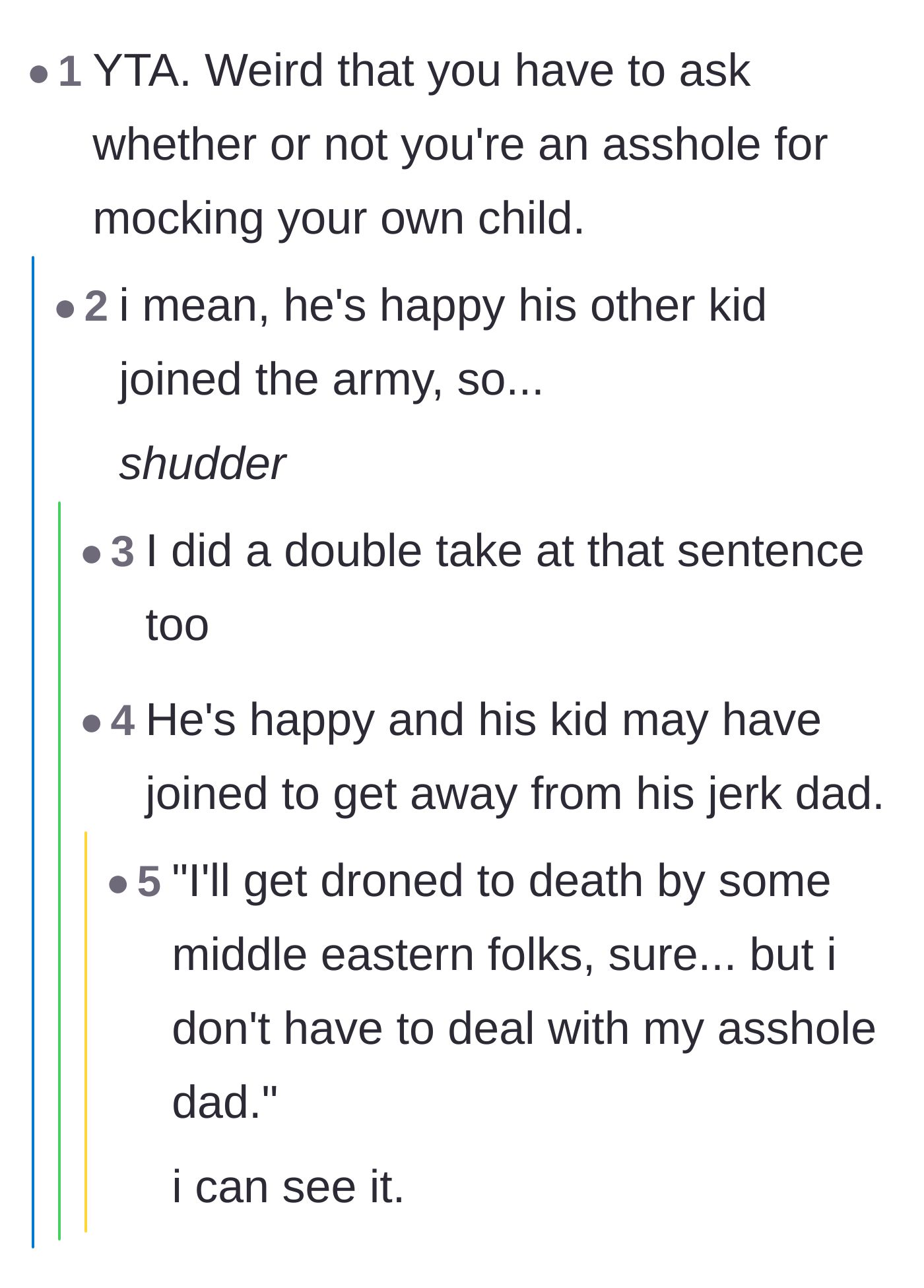 Comment thread 5 - Commenters bringing up the dad's past posts about his son joining the military to escape him.