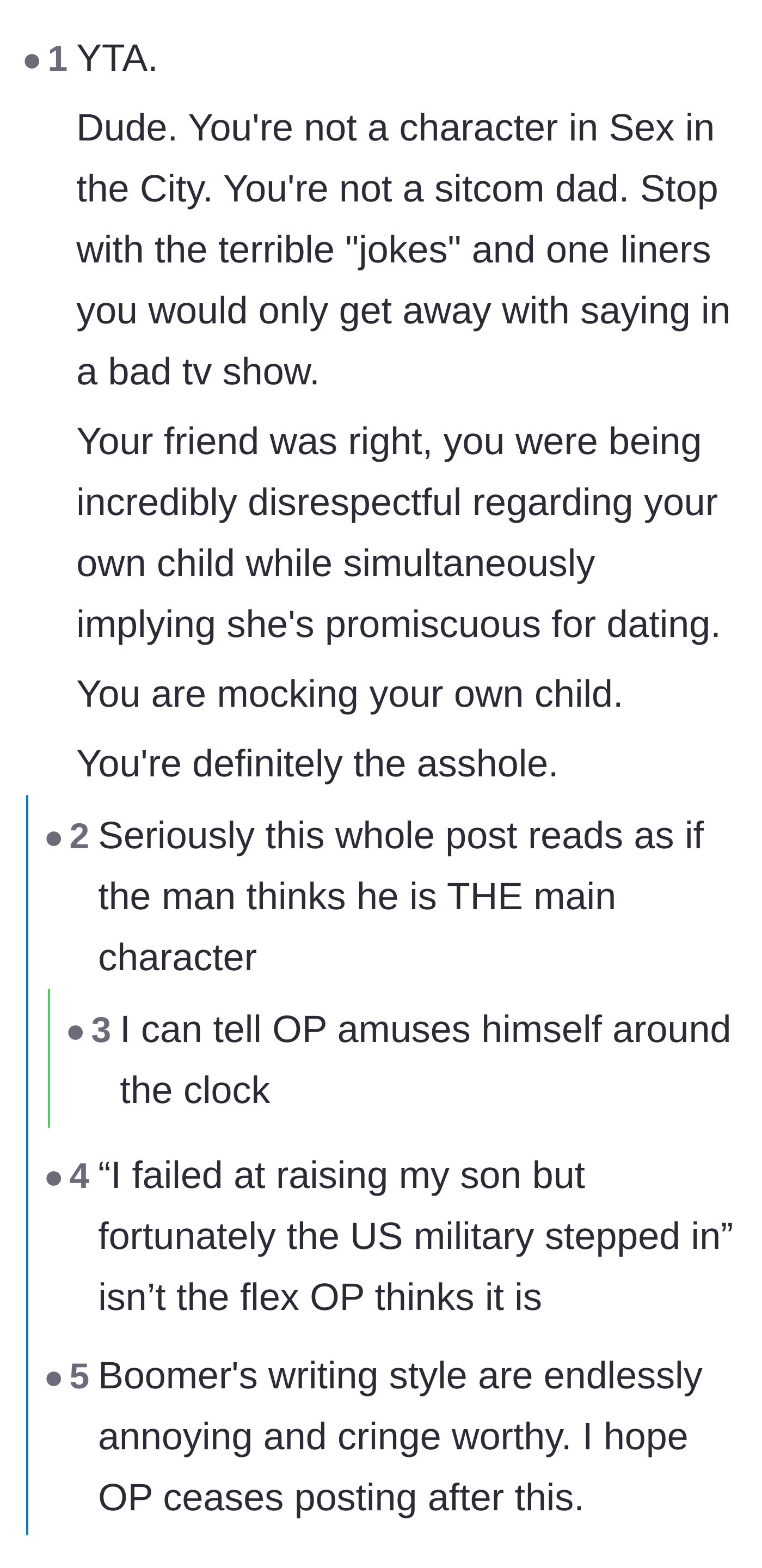 Comment thread 6 - Readers comparing the dad to a bad sitcom character who amuses himself with terrible one-liners.