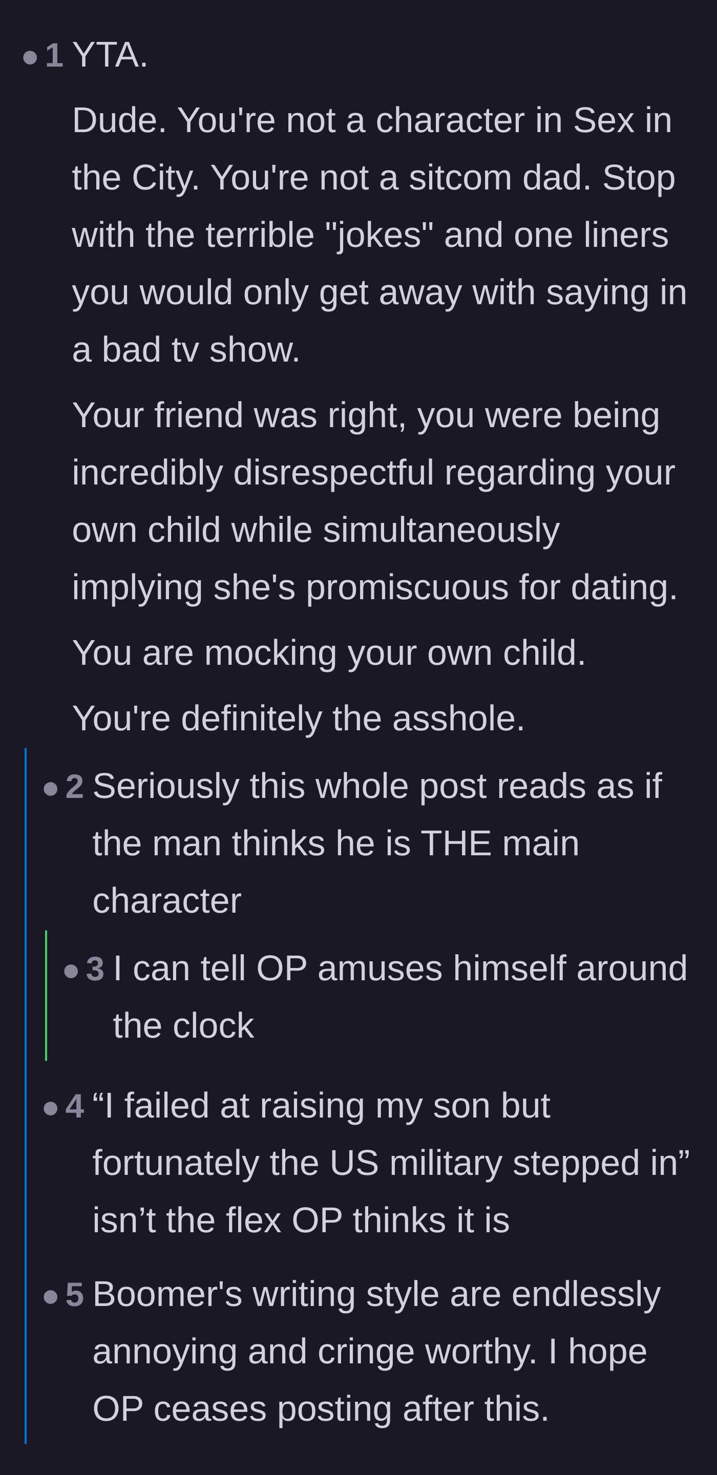 Comment thread 6 - Readers comparing the dad to a bad sitcom character who amuses himself with terrible one-liners.