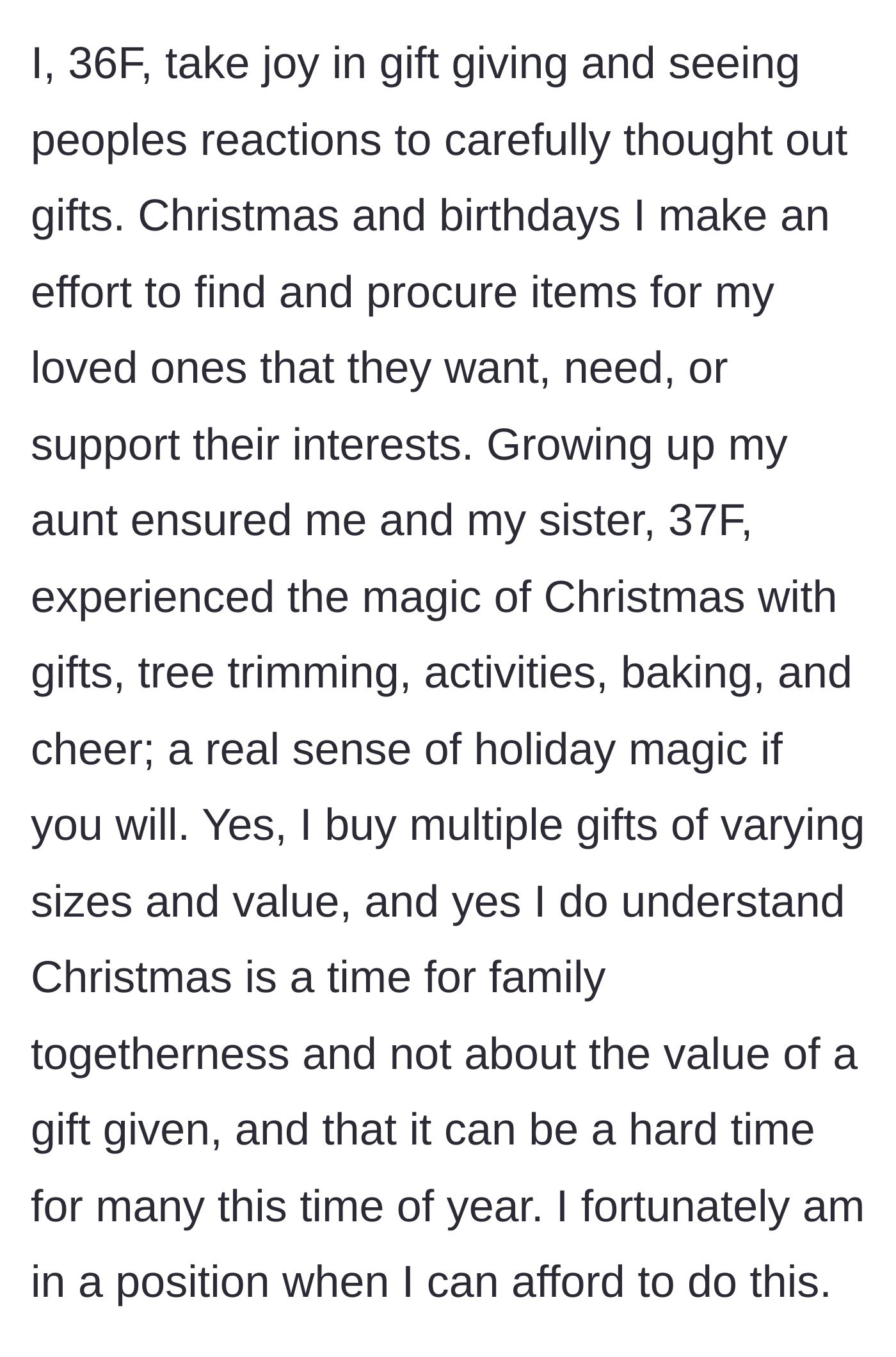 Story part 1 - A woman happily wrapping piles of thoughtful Christmas gifts for her family.