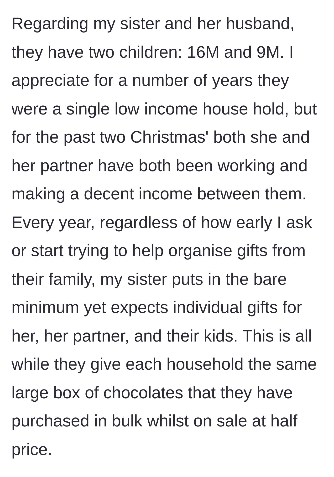 Story part 2 - A couple handing out cheap boxes of bulk discount chocolates while demanding individual presents.