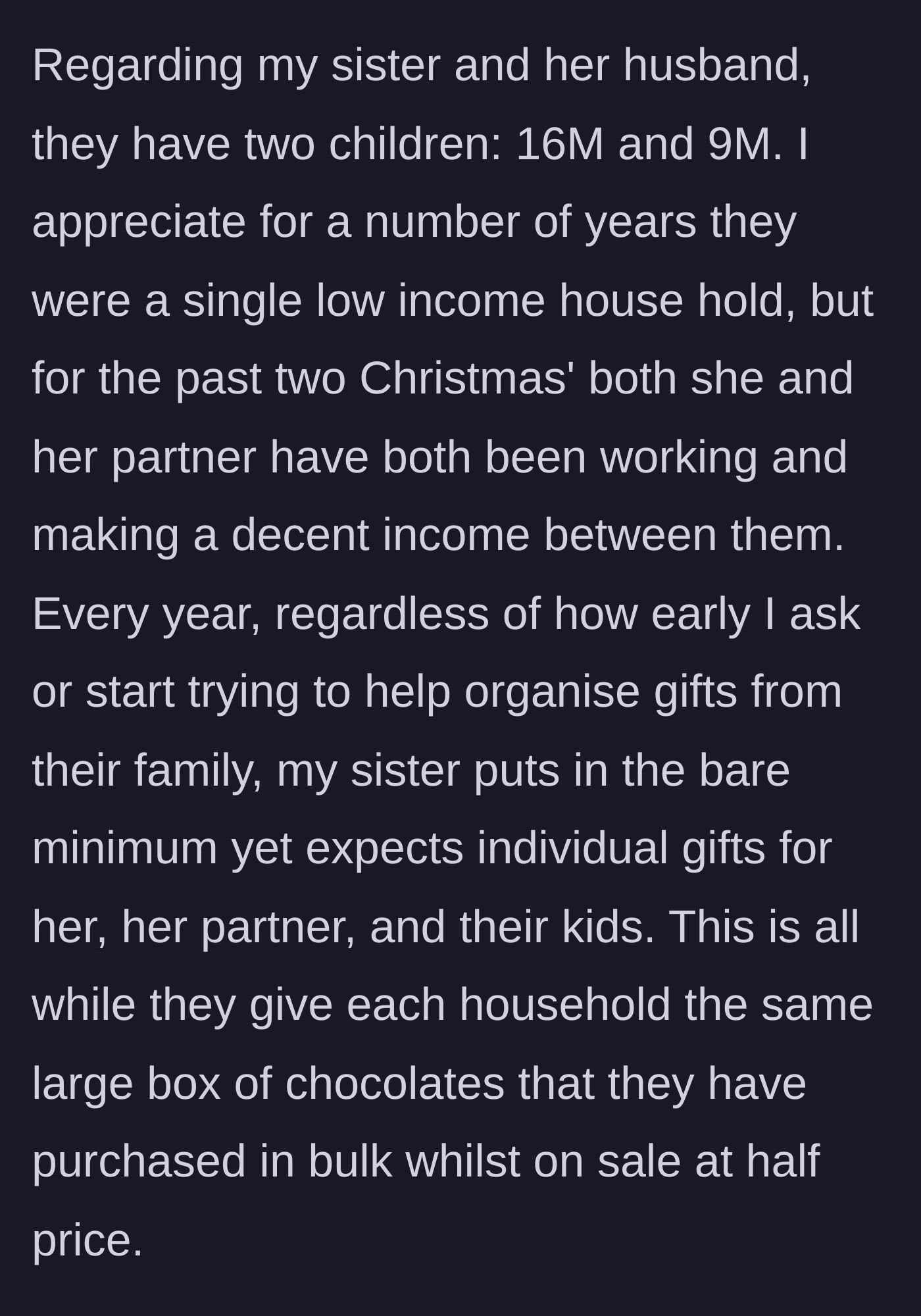 Story part 2 - A couple handing out cheap boxes of bulk discount chocolates while demanding individual presents.