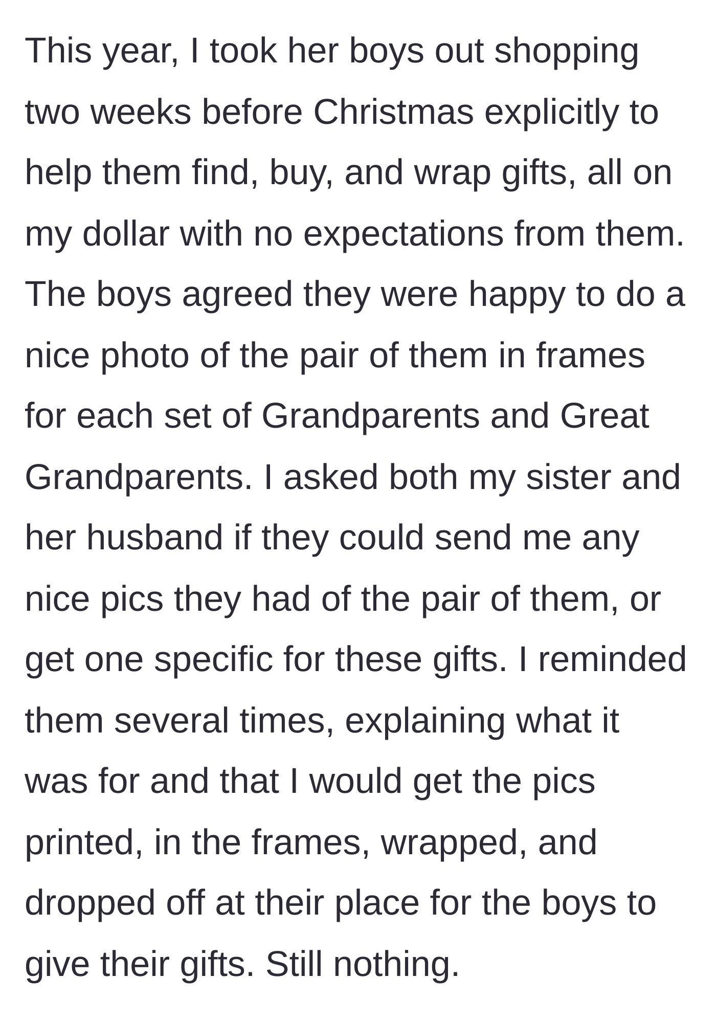 Story part 3 - An exasperated aunt trying to get photos from uncooperative parents for a free gift project.