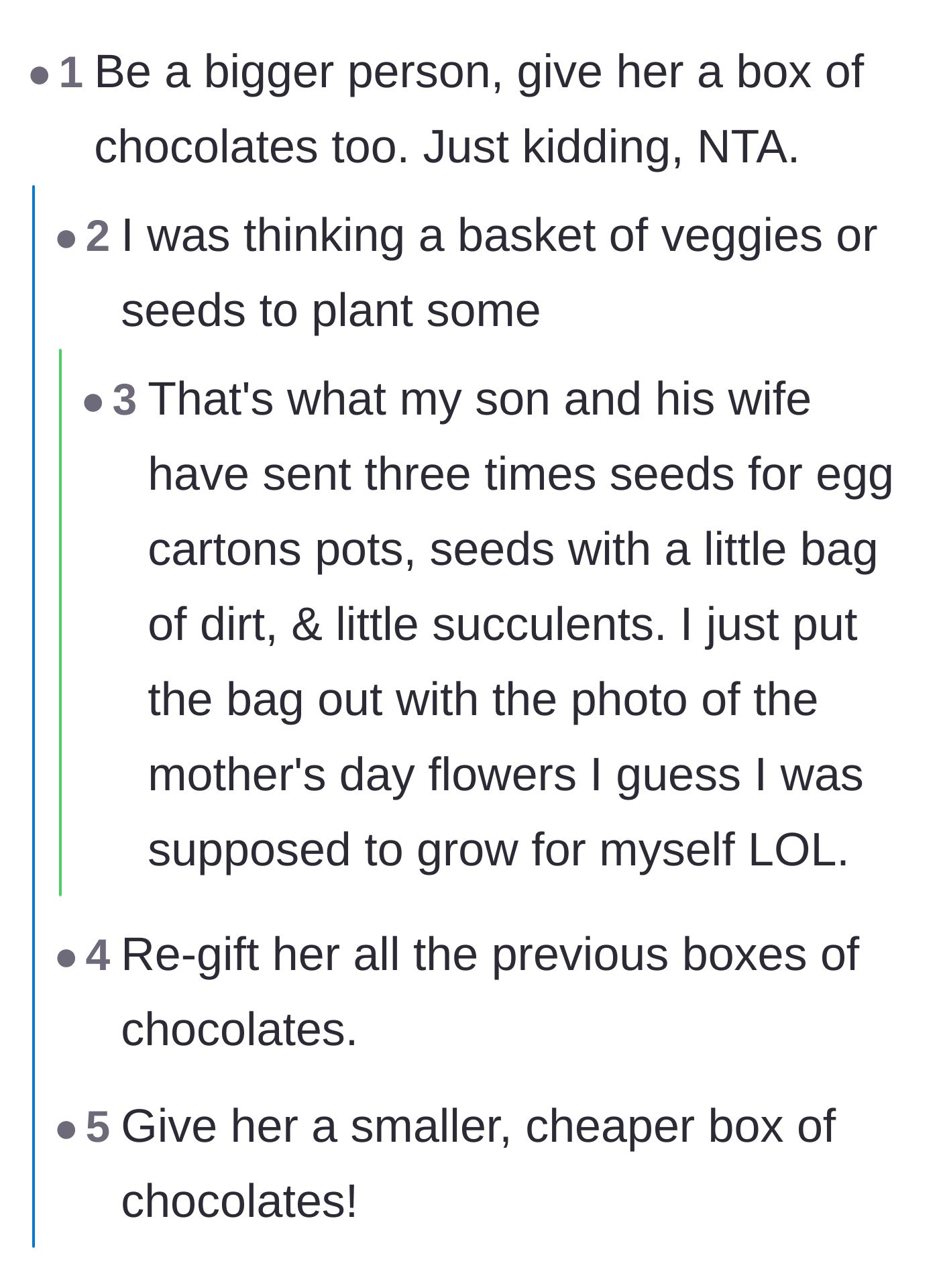 Comment thread 2 - Commenters jokingly brainstorming petty revenge gifts like cheaper chocolates or bags of dirt.