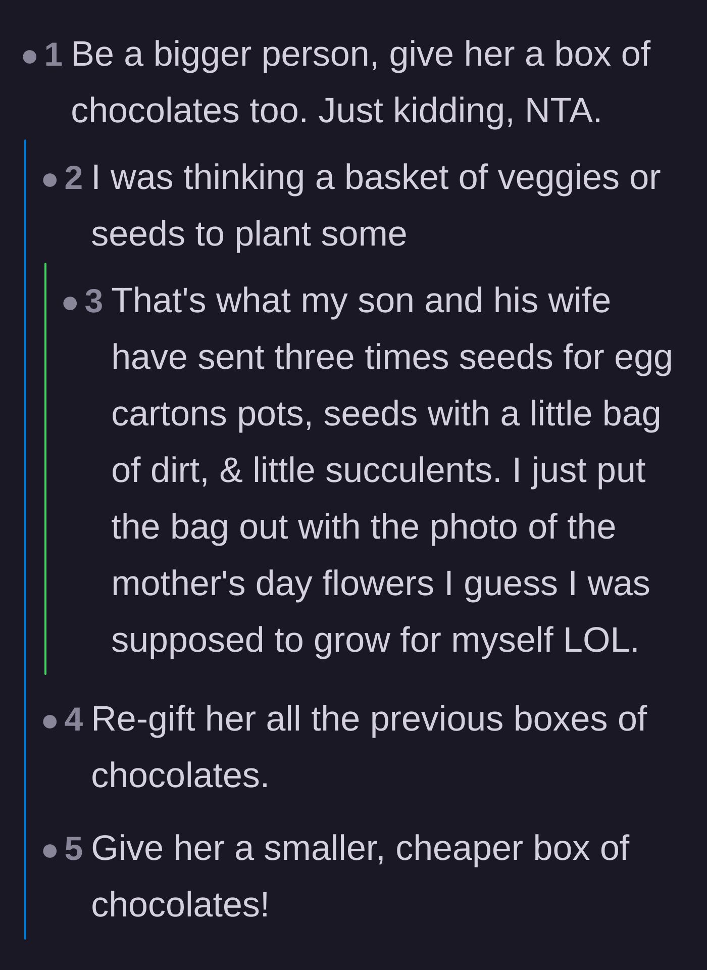 Comment thread 2 - Commenters jokingly brainstorming petty revenge gifts like cheaper chocolates or bags of dirt.