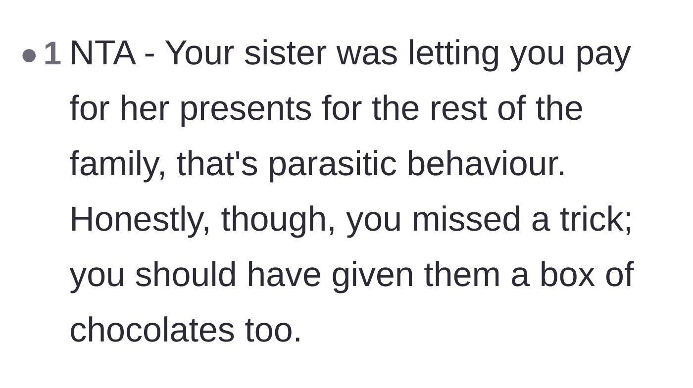 Comment thread 5 - A commenter accurately labeling the sister's holiday behavior as parasitic.