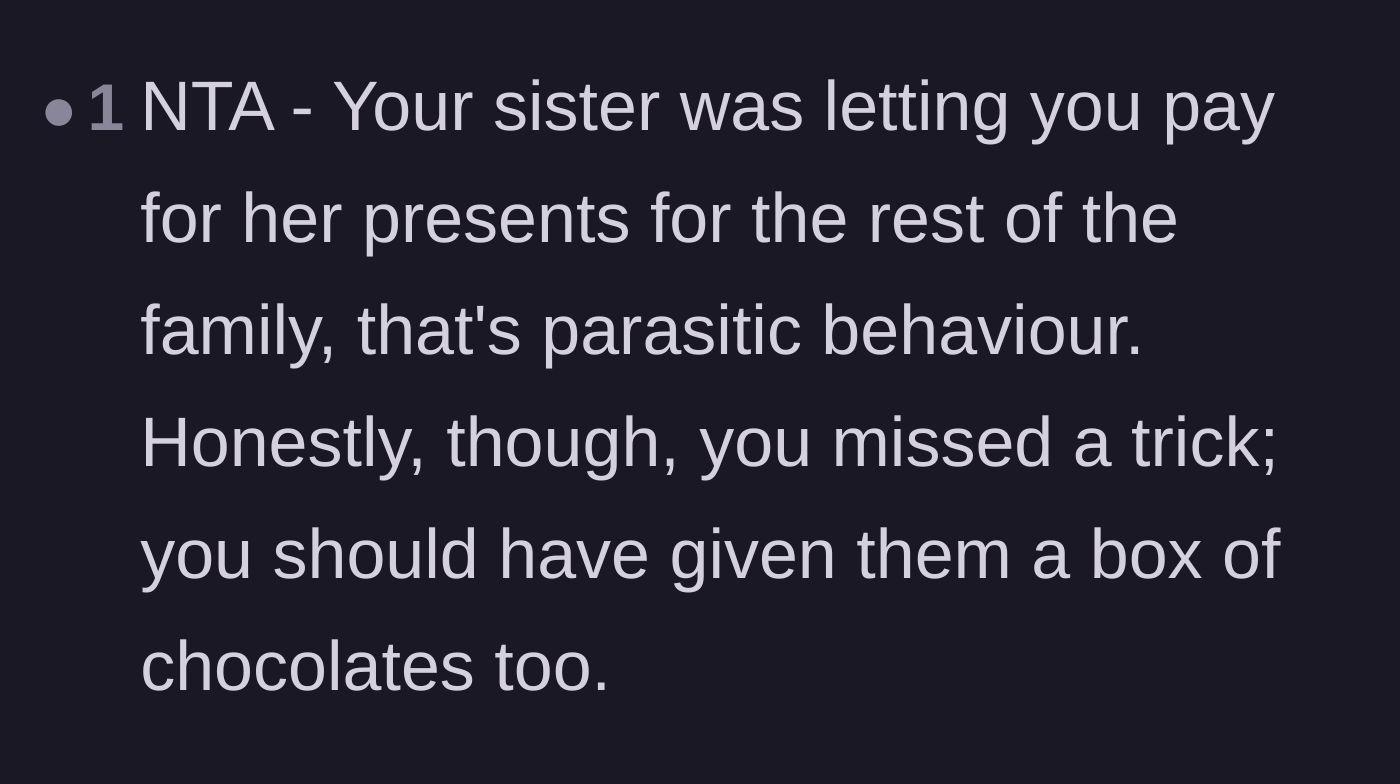Comment thread 5 - A commenter accurately labeling the sister's holiday behavior as parasitic.