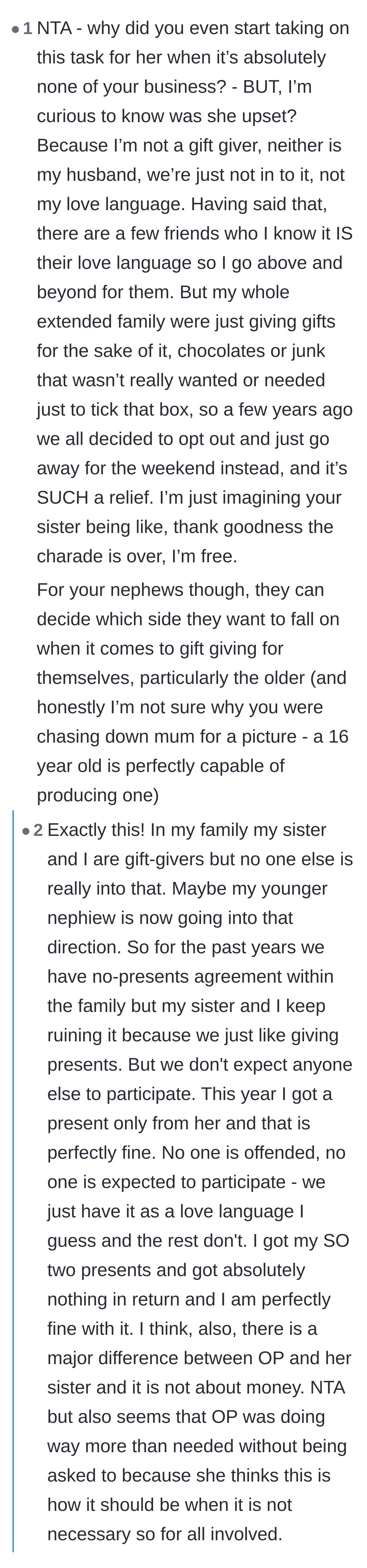 Comment thread 6 - A debate on whether the main character was projecting her own gifting love language onto a sister who simply wants to opt out.