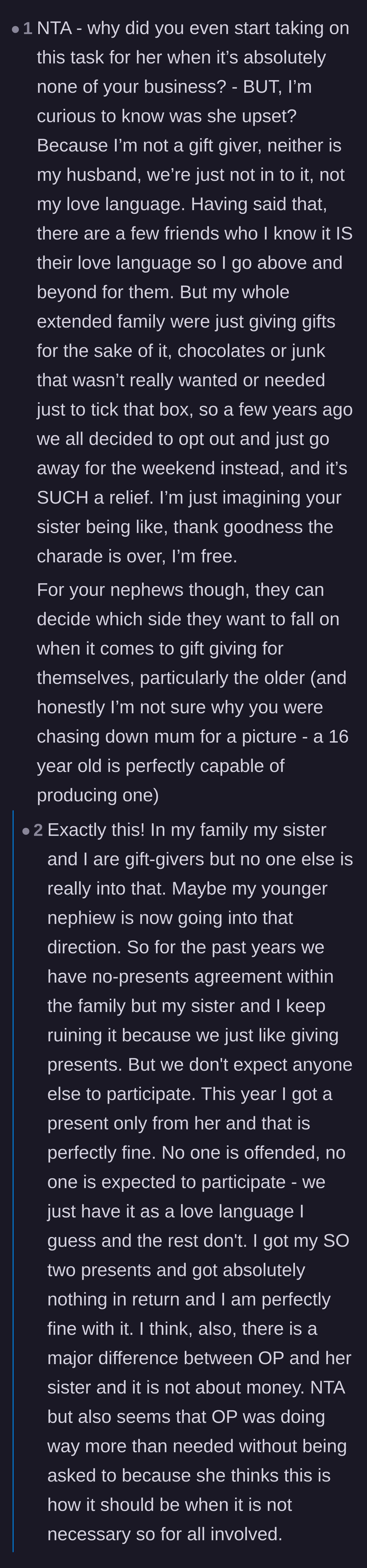 Comment thread 6 - A debate on whether the main character was projecting her own gifting love language onto a sister who simply wants to opt out.