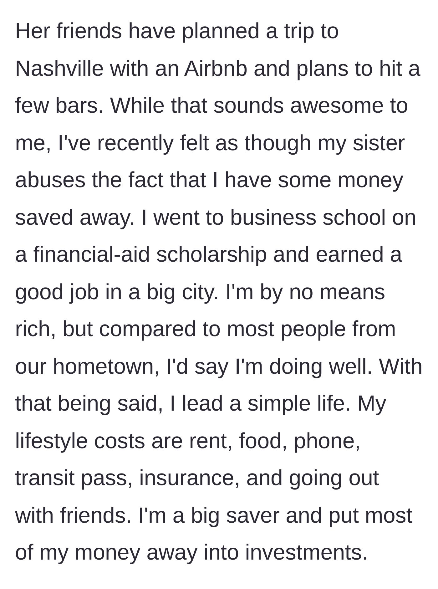 Story part 3 - Brother details the Nashville plans and his own frugal, savings-focused lifestyle.