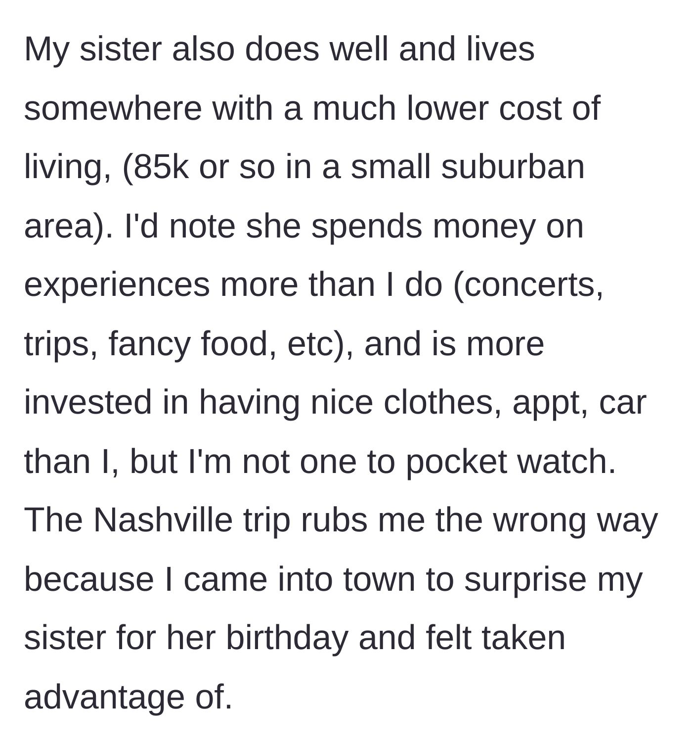 Story part 4 - Contrast between the sister's high-spending lifestyle and the brother's frugality, hinting at a past birthday grievance.