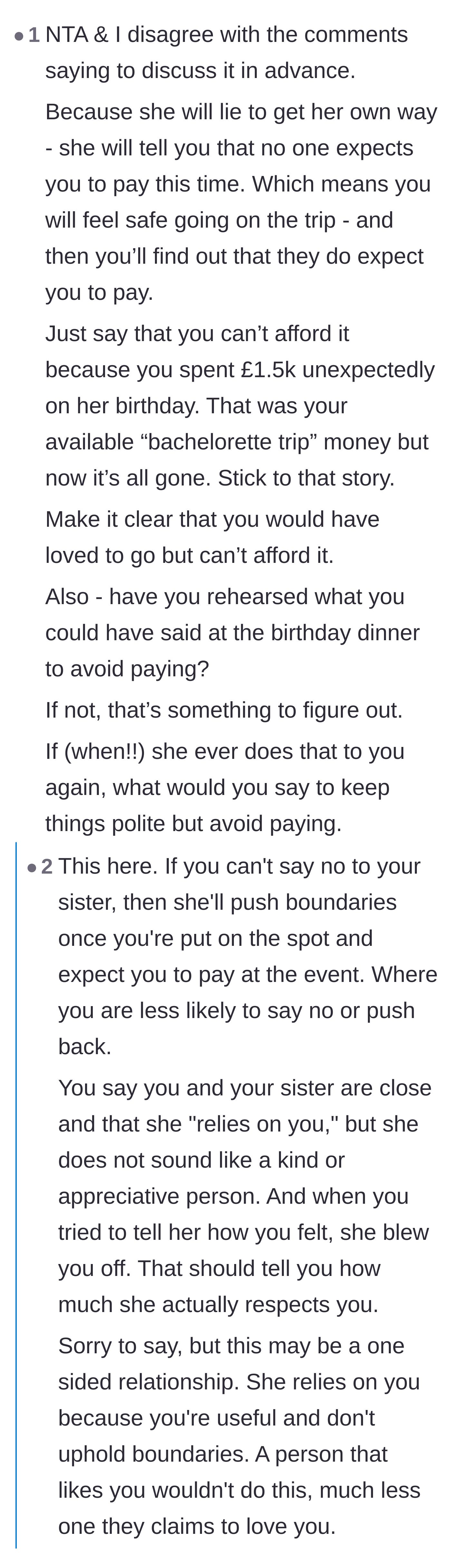 Comment thread 4 - Warning that the sister will likely lie if confronted in advance, advising the brother to just claim he cannot afford it.