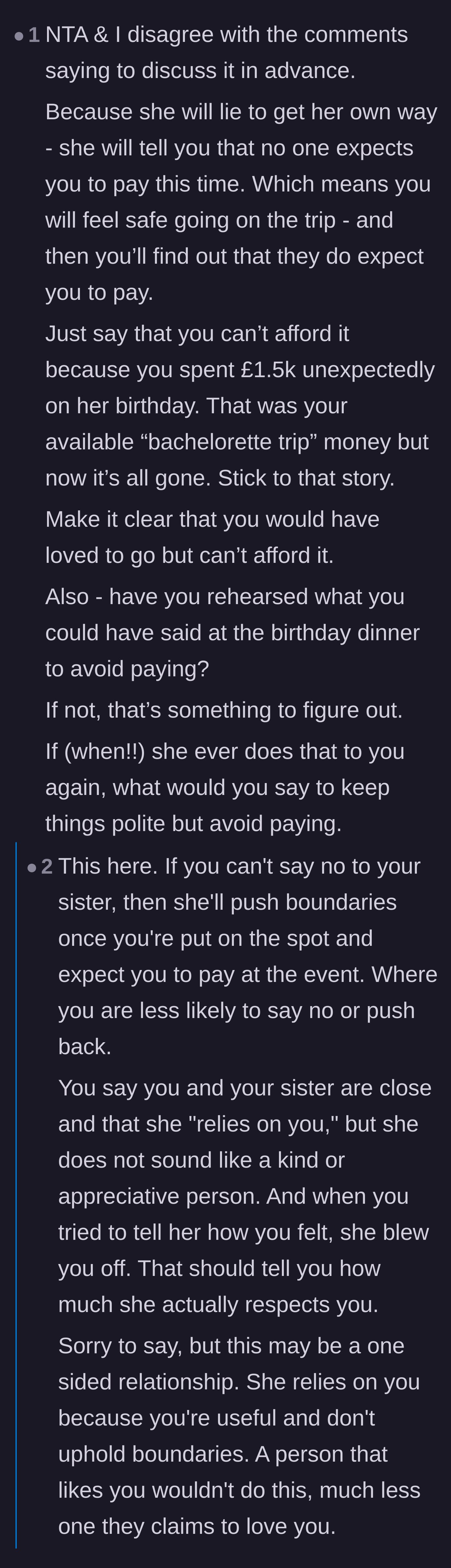 Comment thread 4 - Warning that the sister will likely lie if confronted in advance, advising the brother to just claim he cannot afford it.
