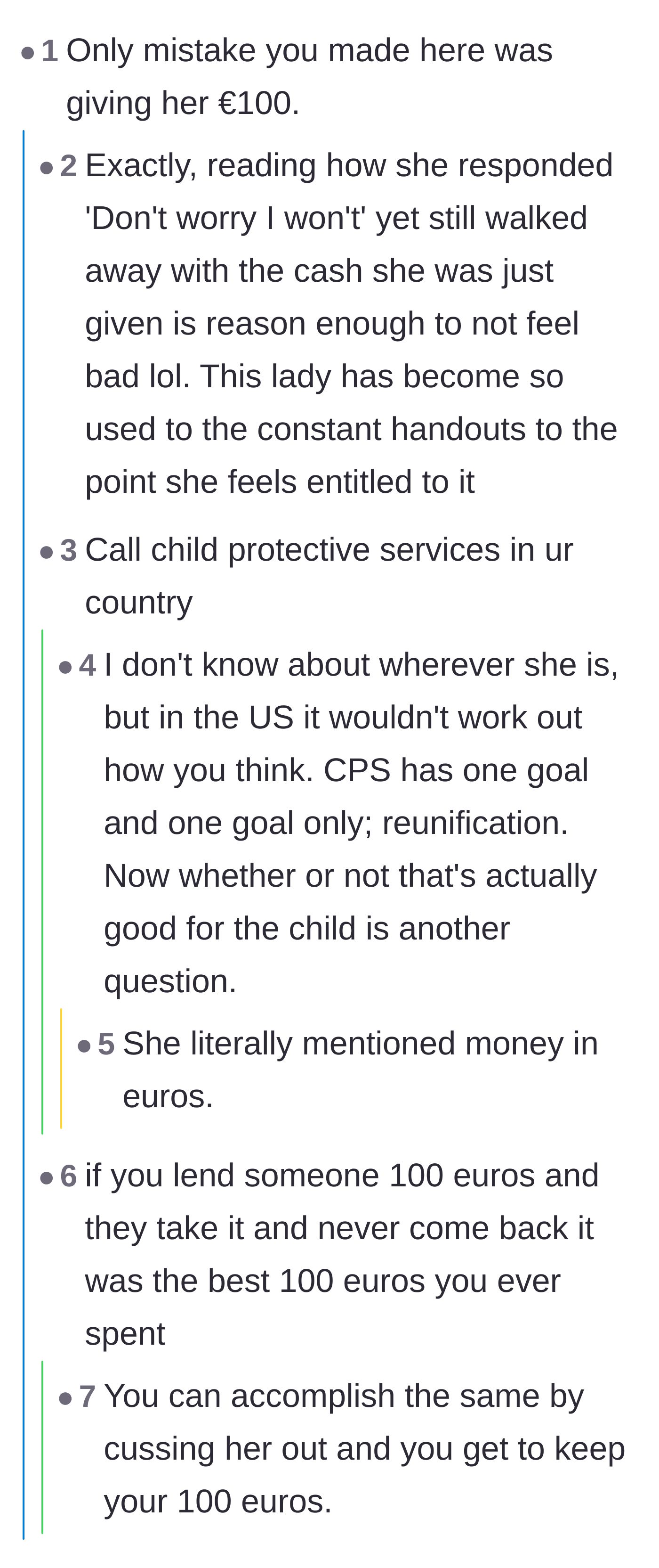 Comment thread 1 - Discussing the 100 euro parting gift and how it was the cheapest way to get rid of a financial leech