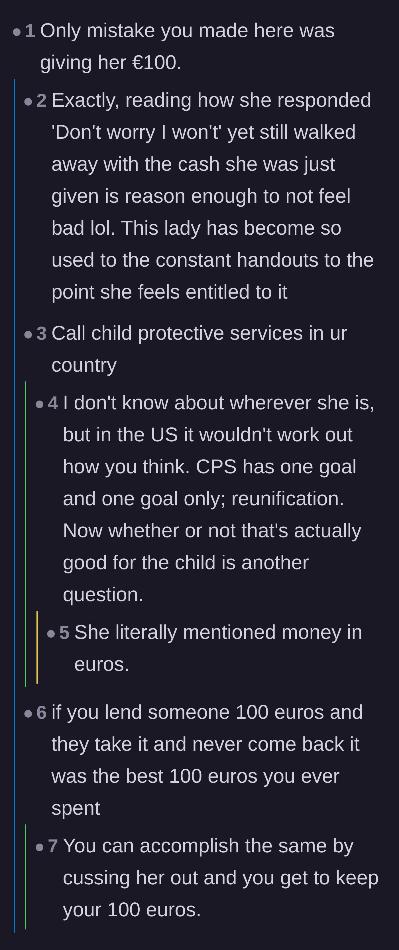 Comment thread 1 - Discussing the 100 euro parting gift and how it was the cheapest way to get rid of a financial leech
