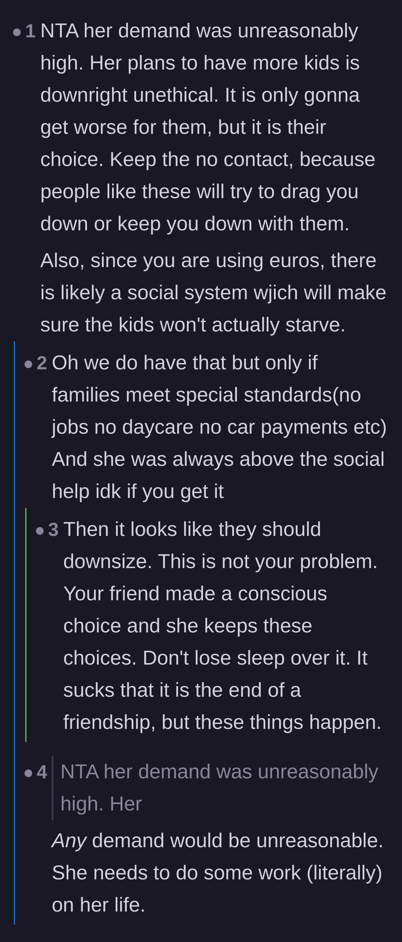 Comment thread 4 - Debate on the unethical choice of planning a fourth baby while demanding thousands in handouts