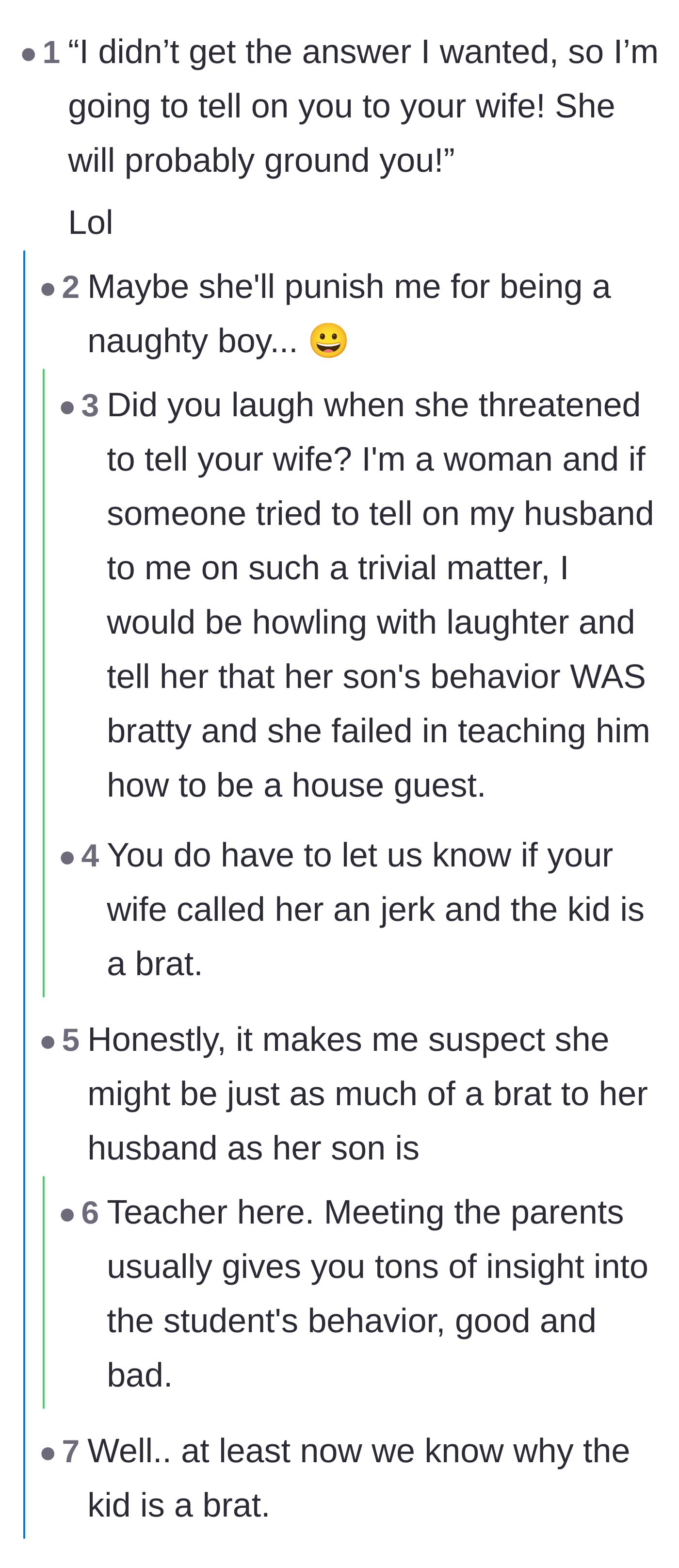 Comment thread 1 - Readers mocking the mother's threat to call the wife and discussing how children mirror their parents' entitlement.